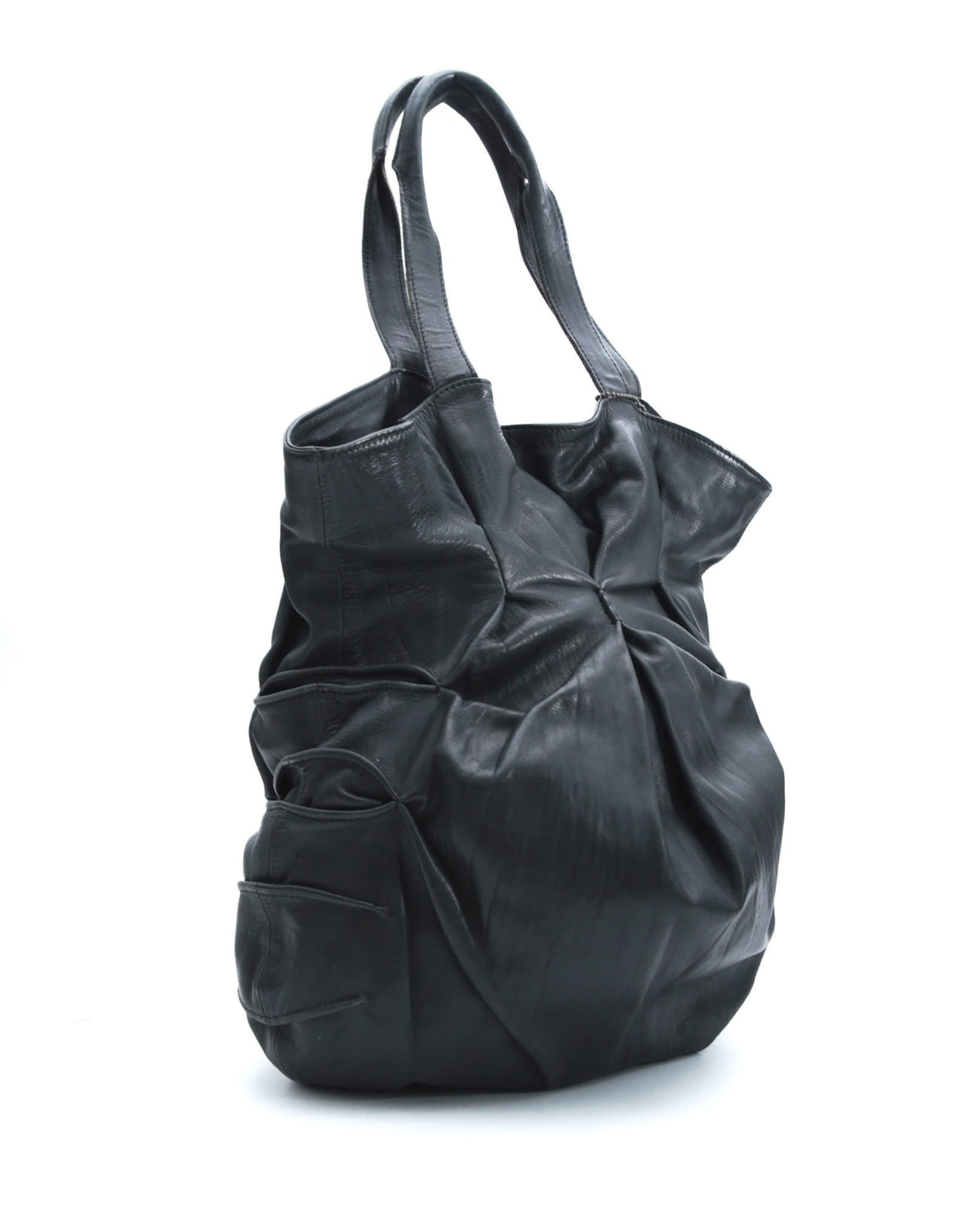 black sculpted leather tote bag