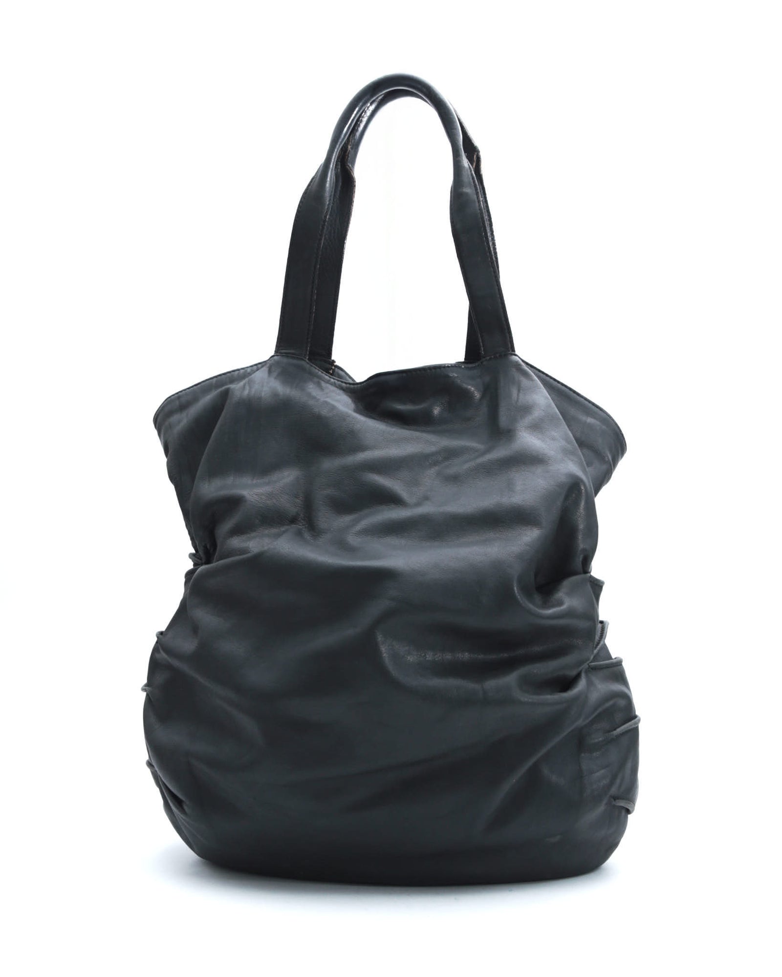 black sculpted leather tote bag