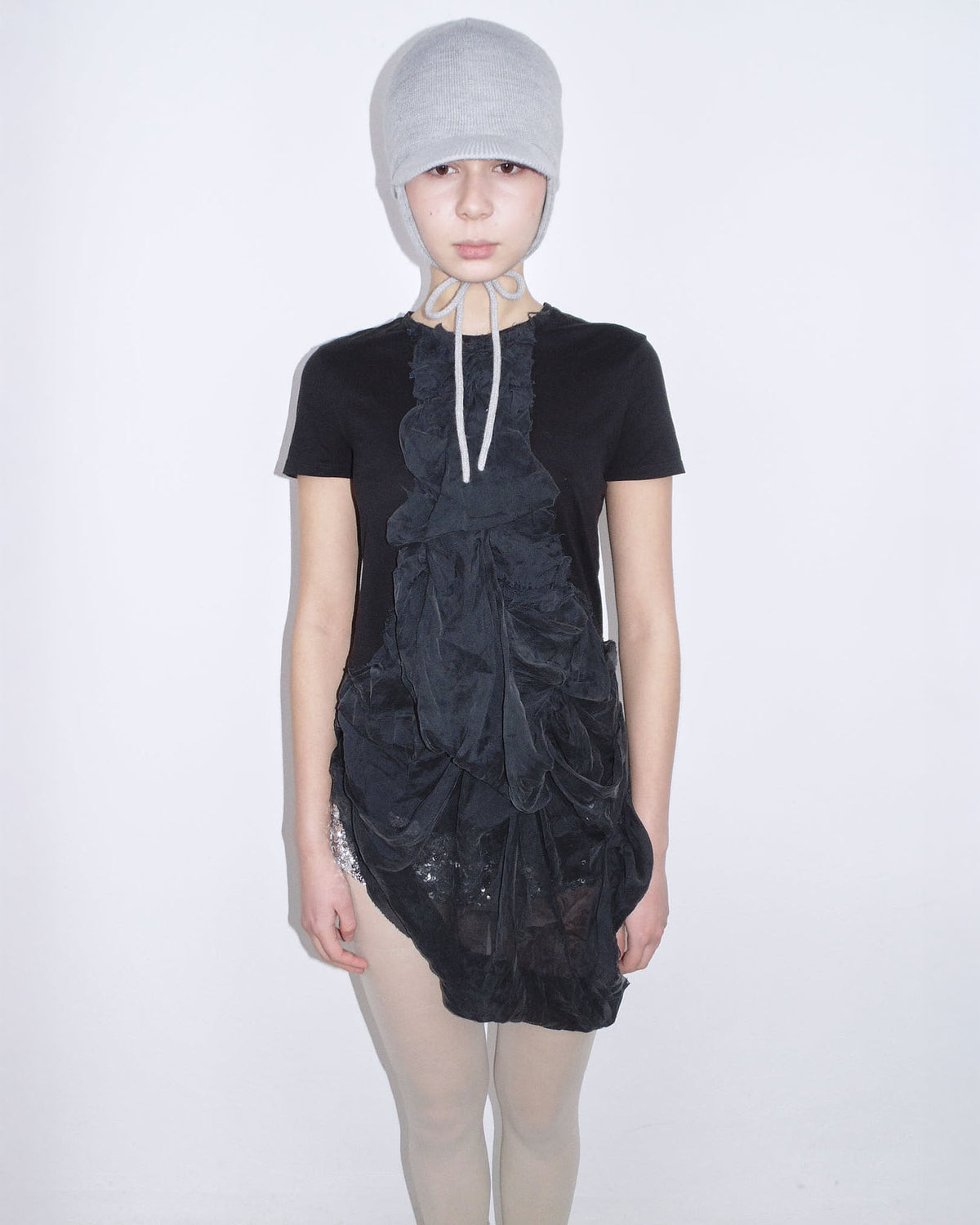 black t-shirt with silk draping