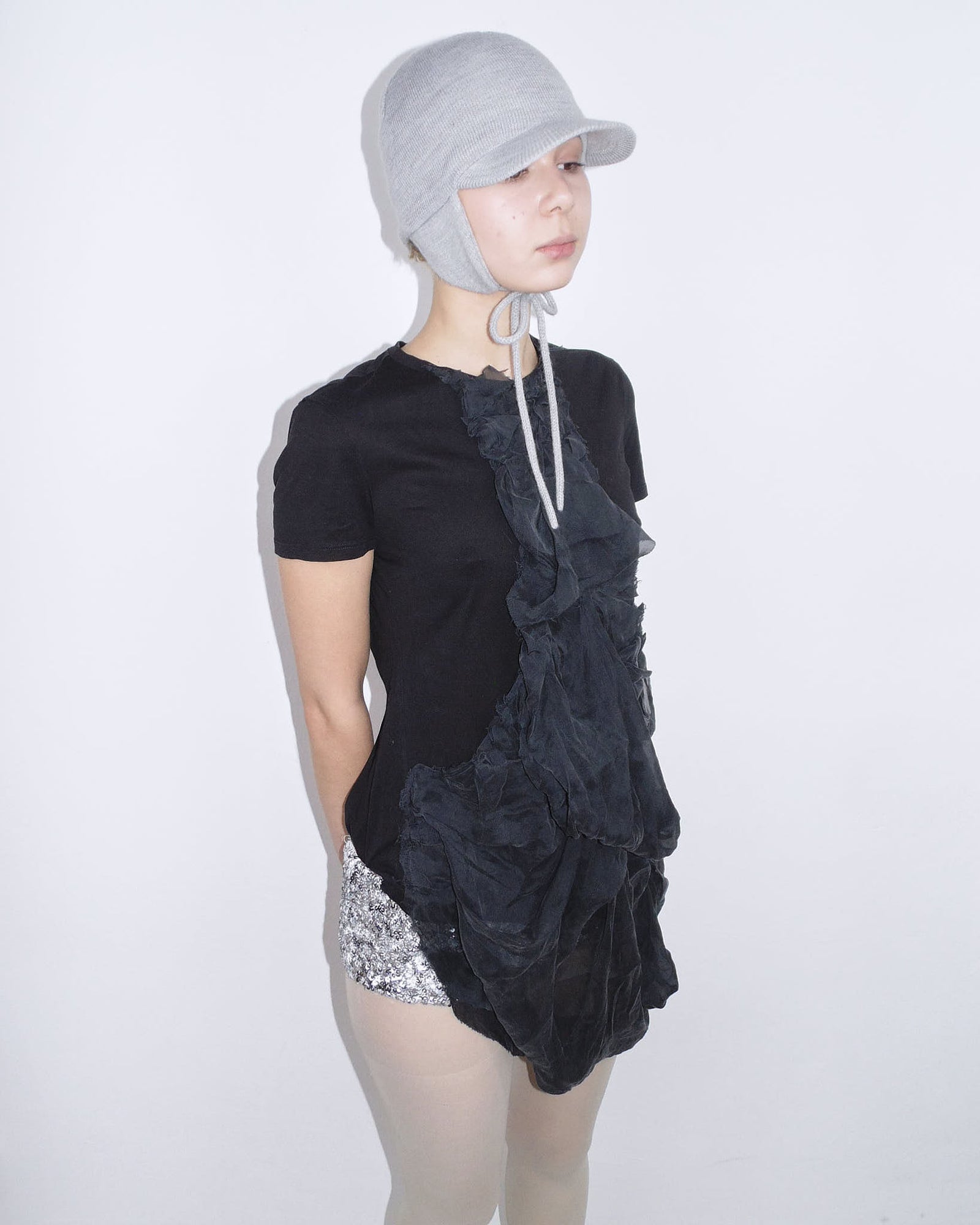 black t-shirt with silk draping