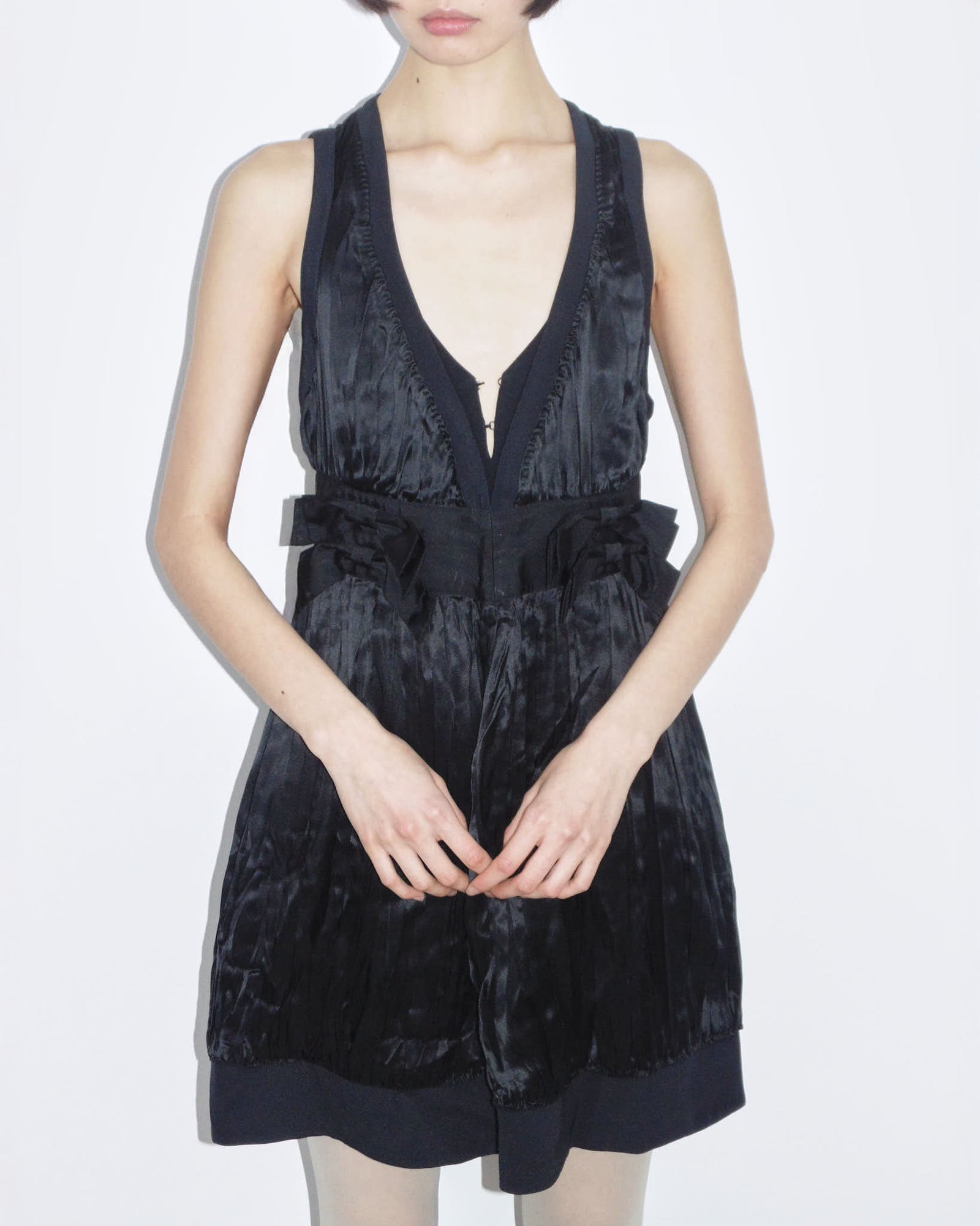 black v neck bow real silk dress
