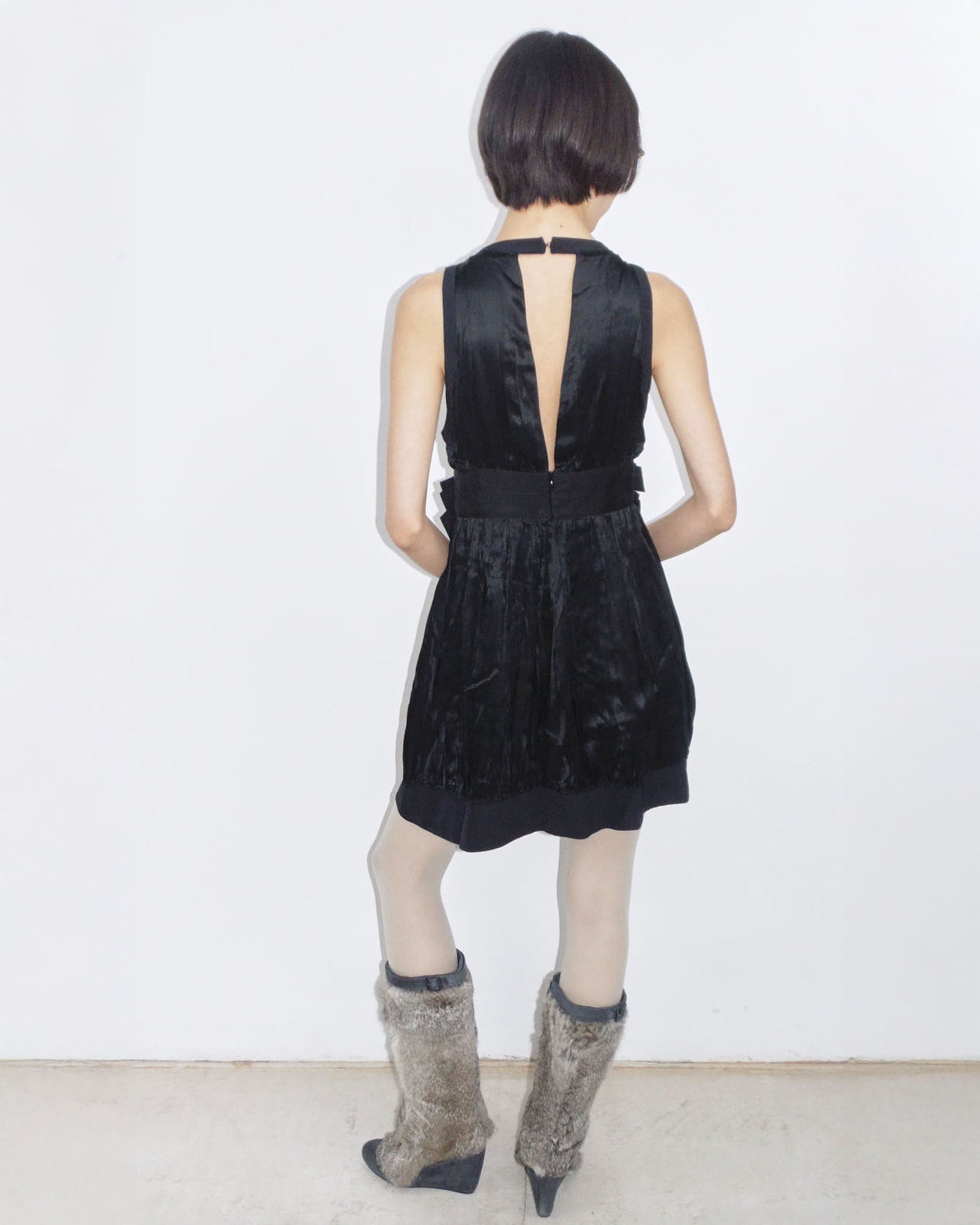 black v neck bow real silk dress