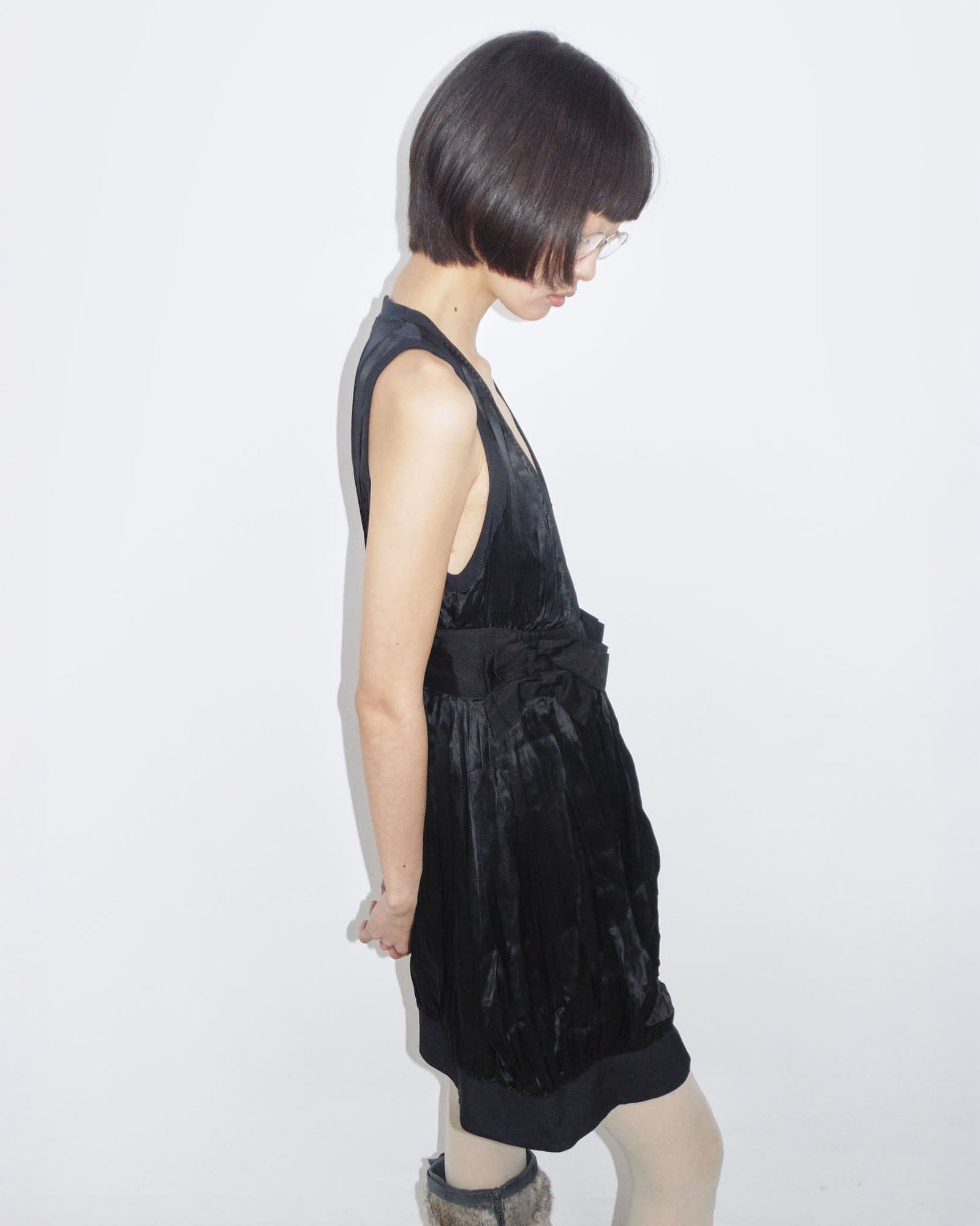 black v neck bow real silk dress