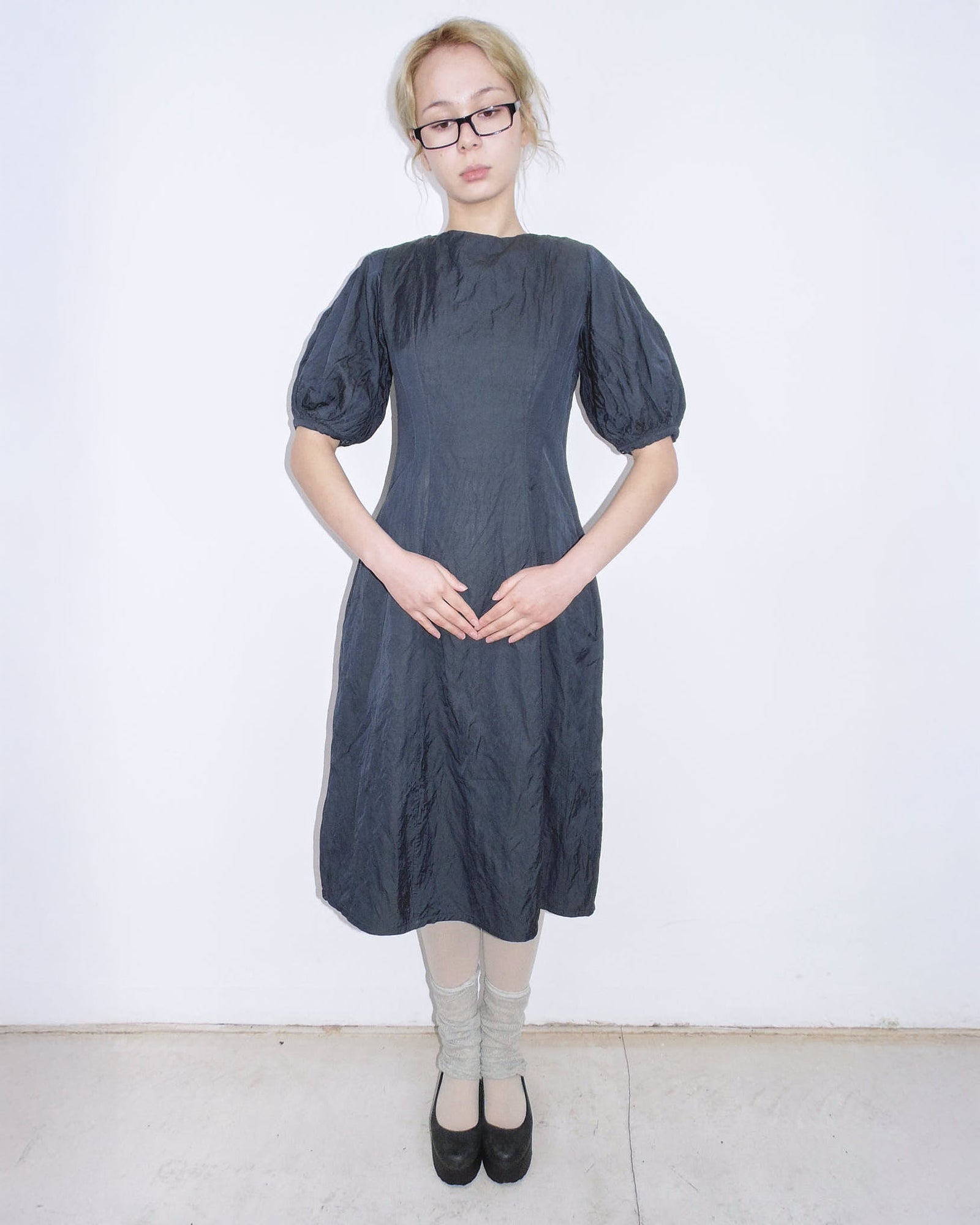 blue midi dress with puff sleeves