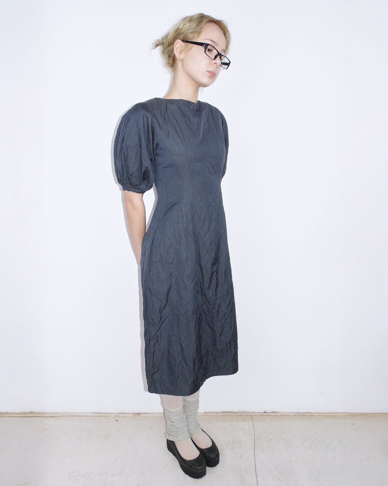 blue midi dress with puff sleeves