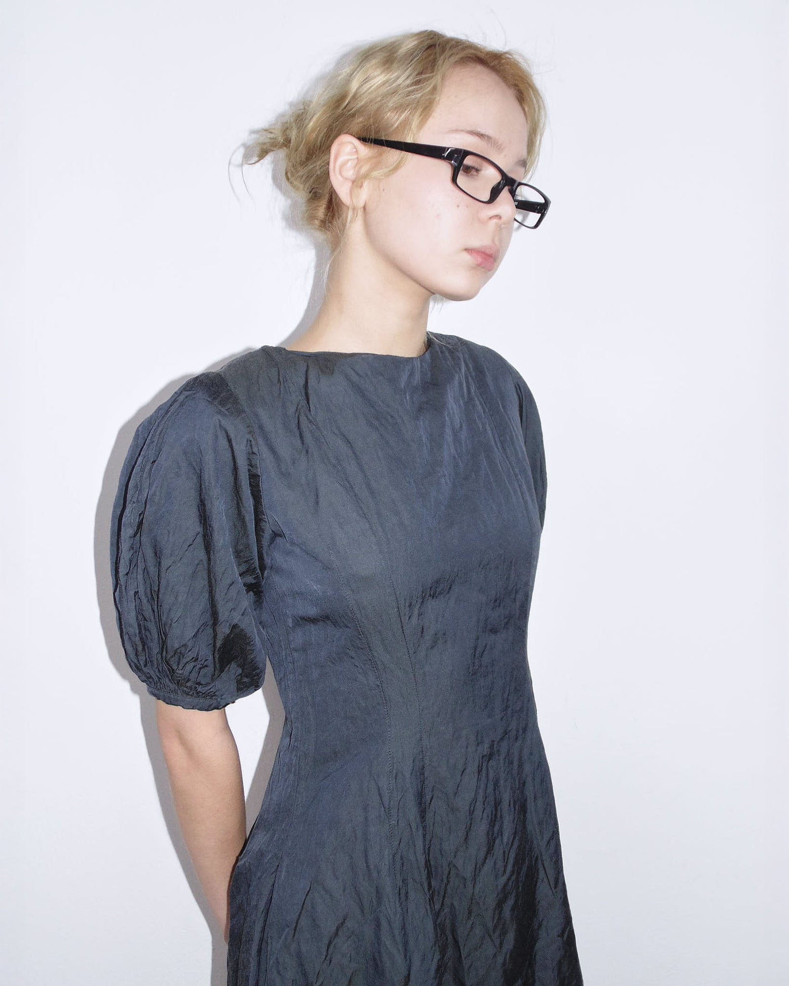 blue midi dress with puff sleeves