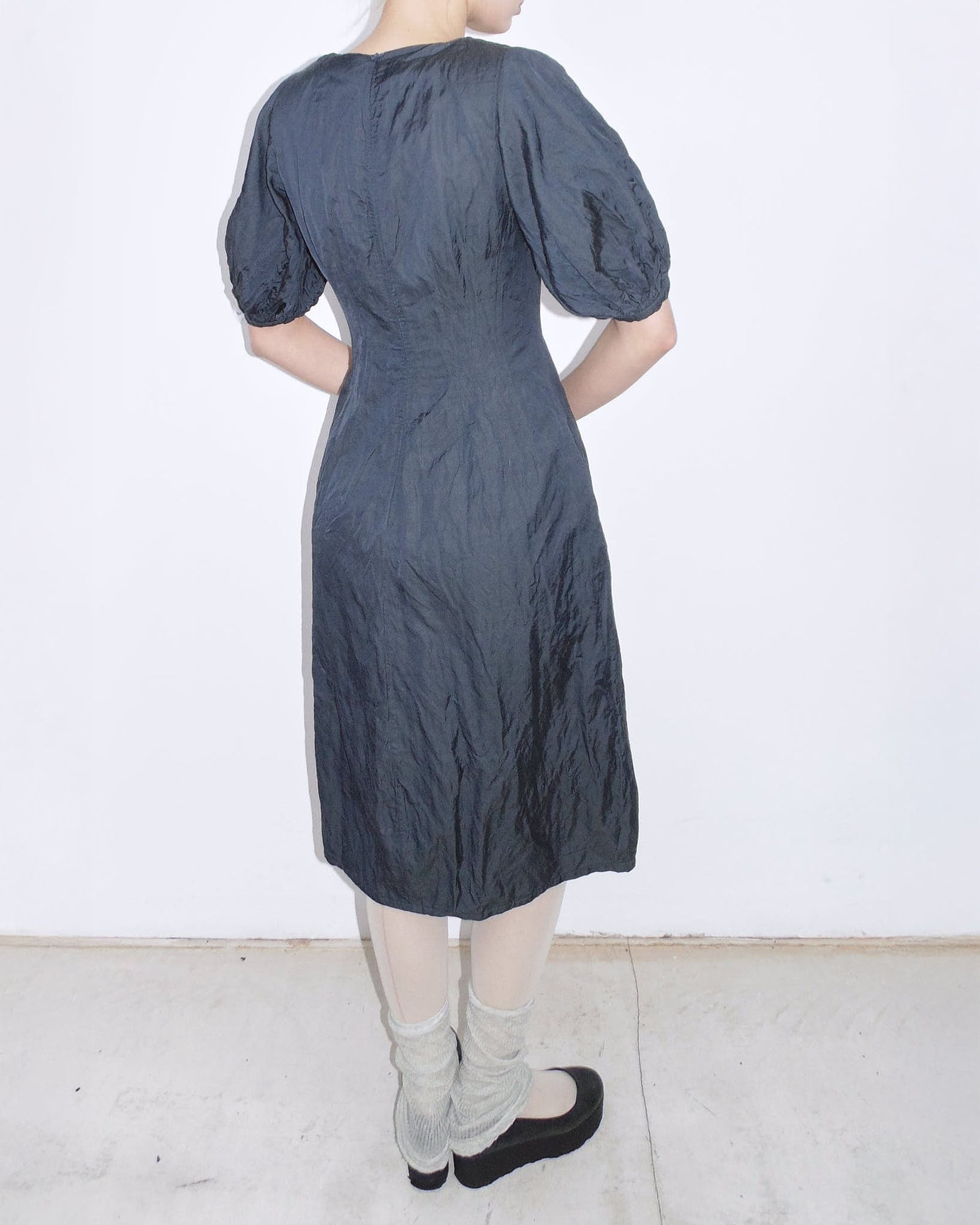 blue midi dress with puff sleeves