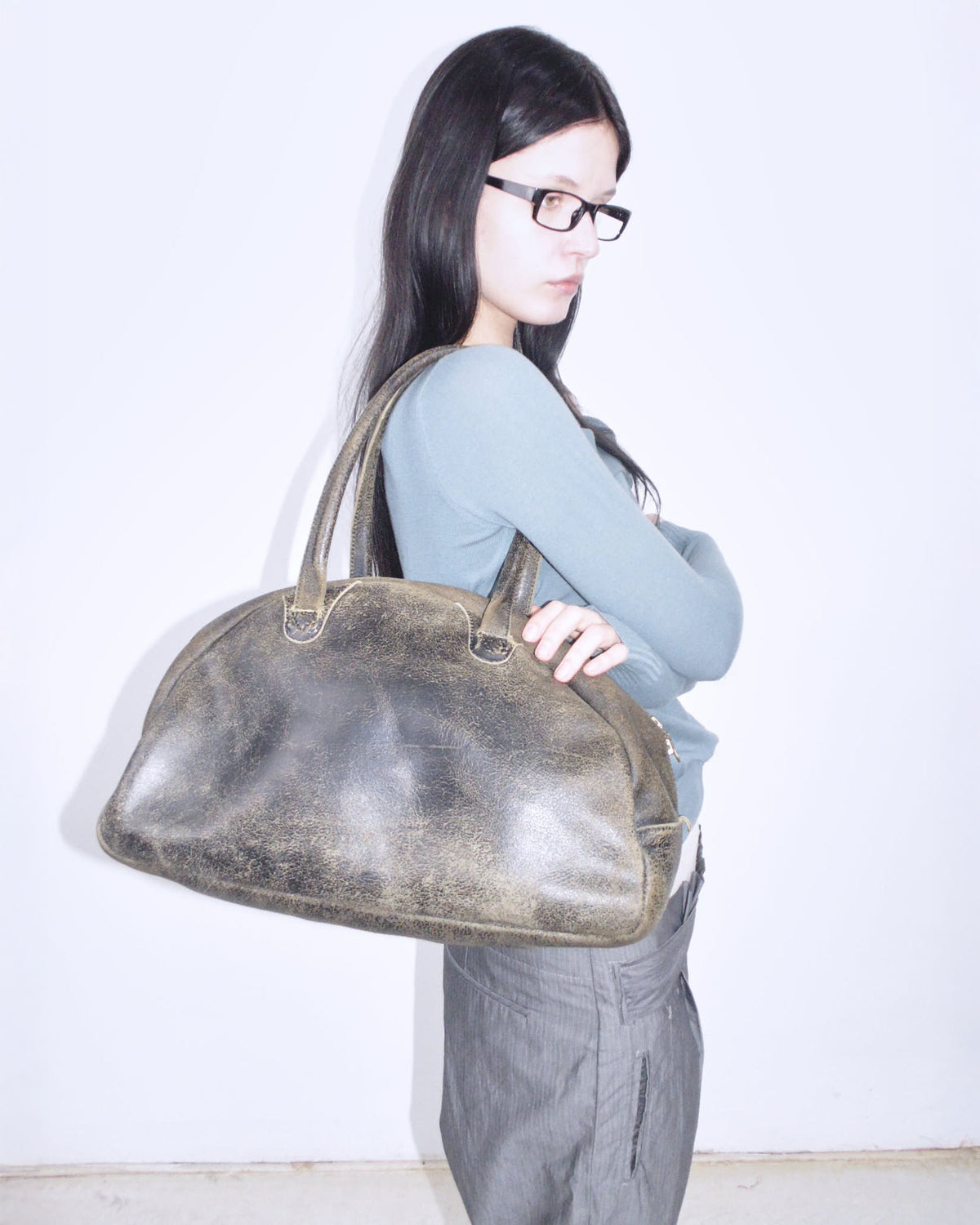 brown cracked leather dome bag