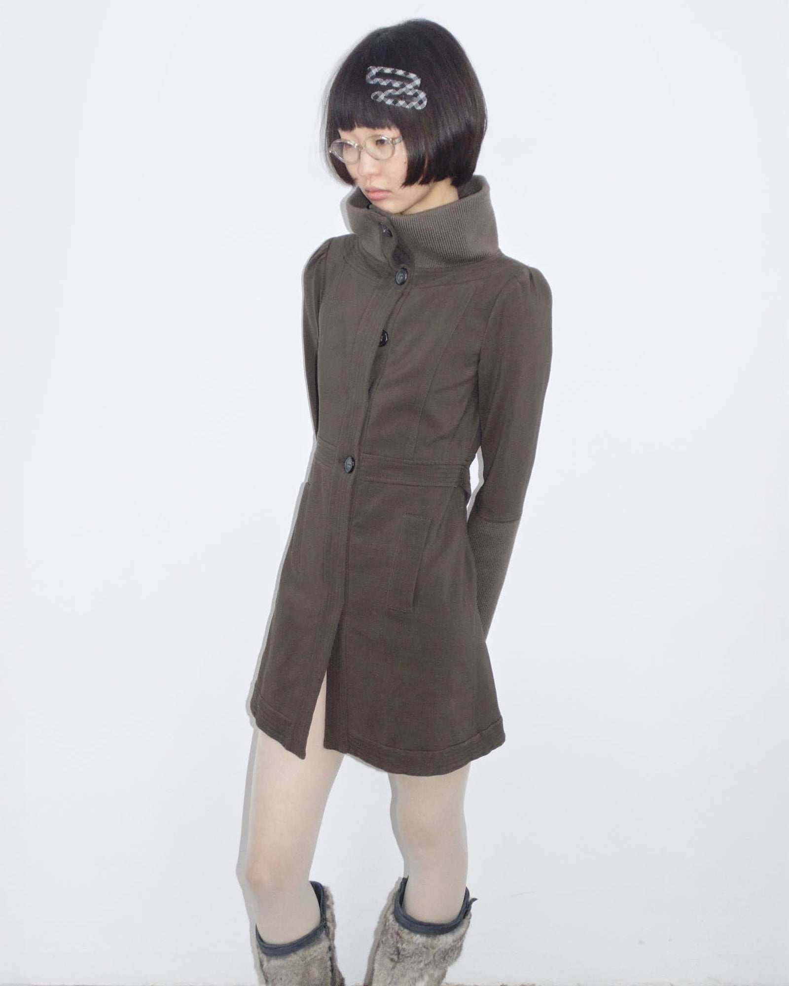 brown funnel neck coat dress