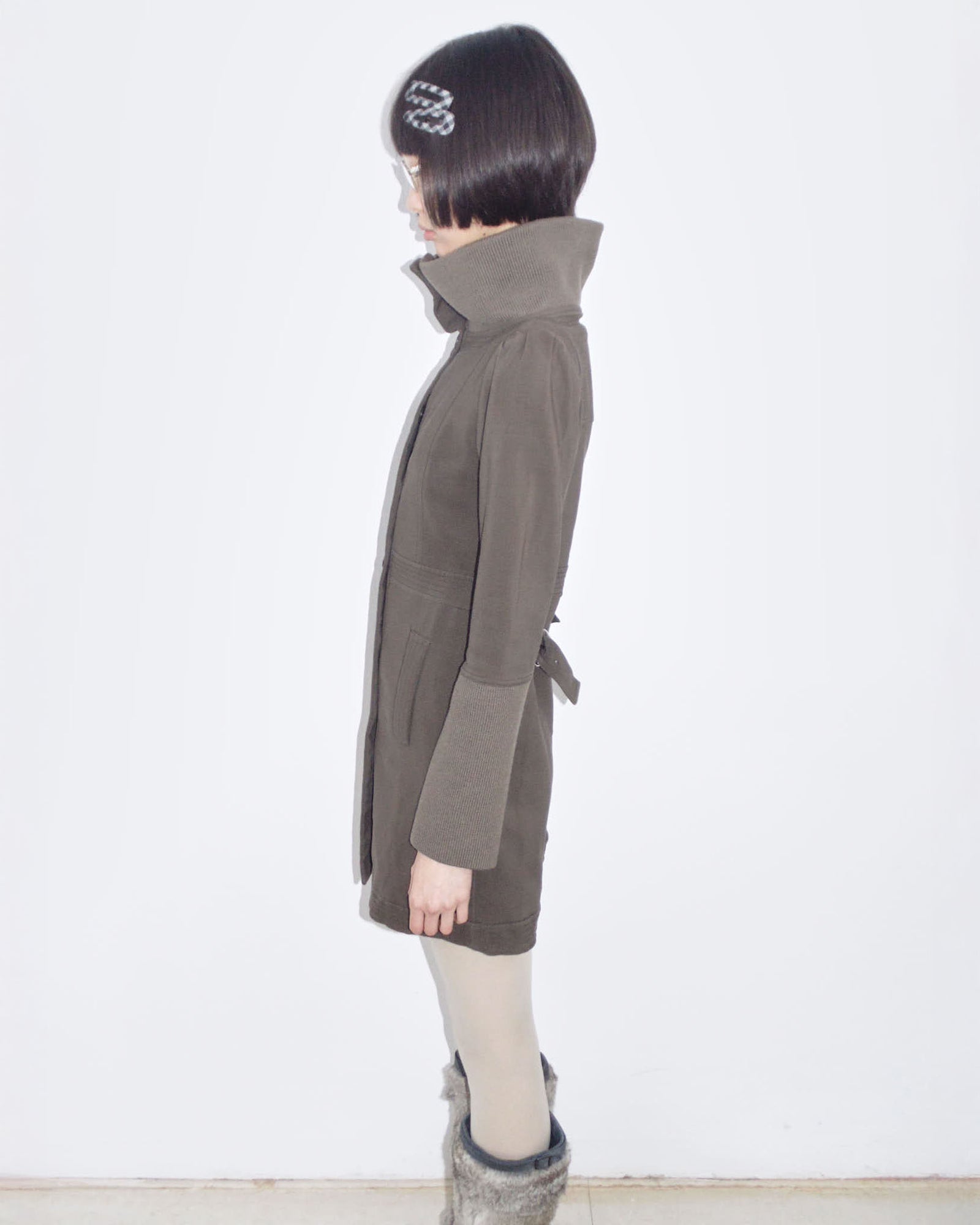 brown funnel neck coat dress
