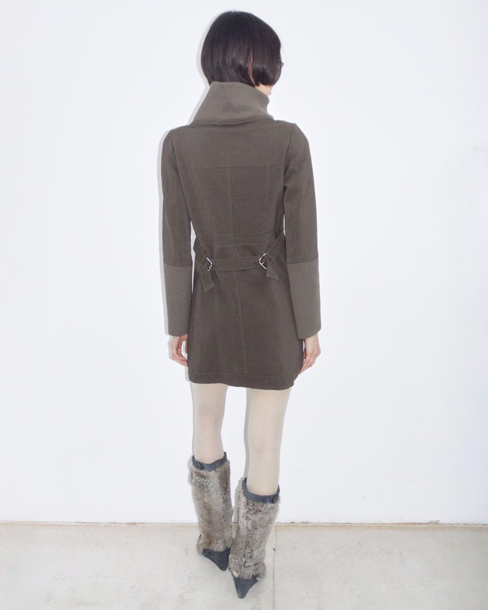 brown funnel neck coat dress