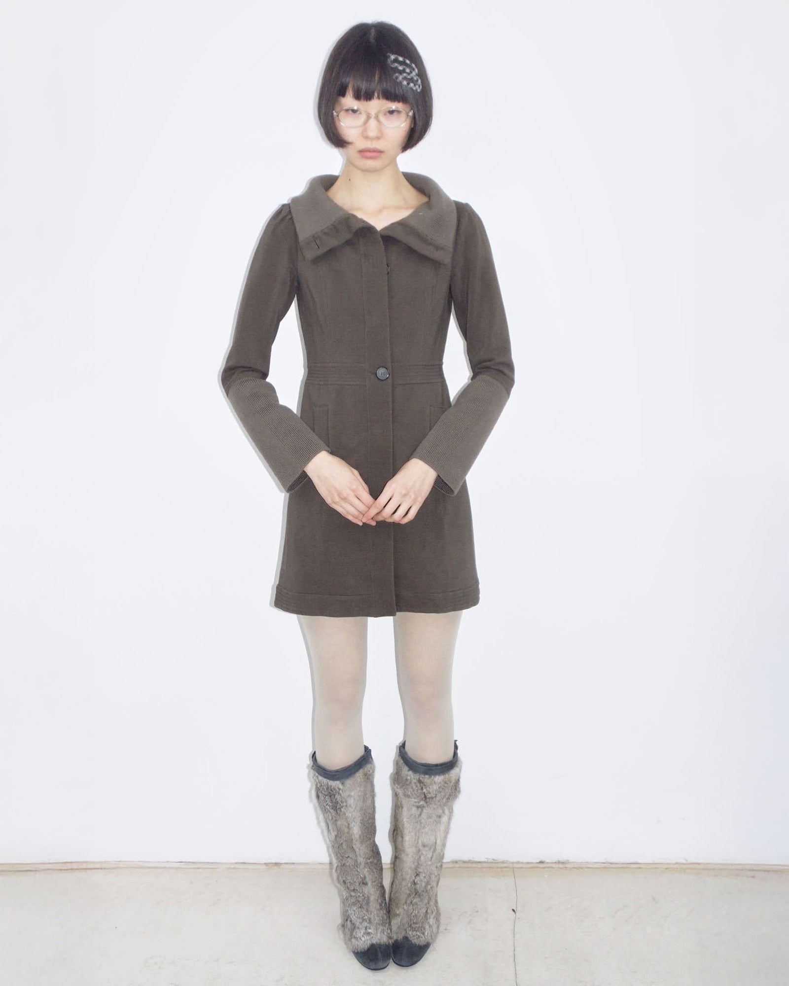 brown funnel neck coat dress