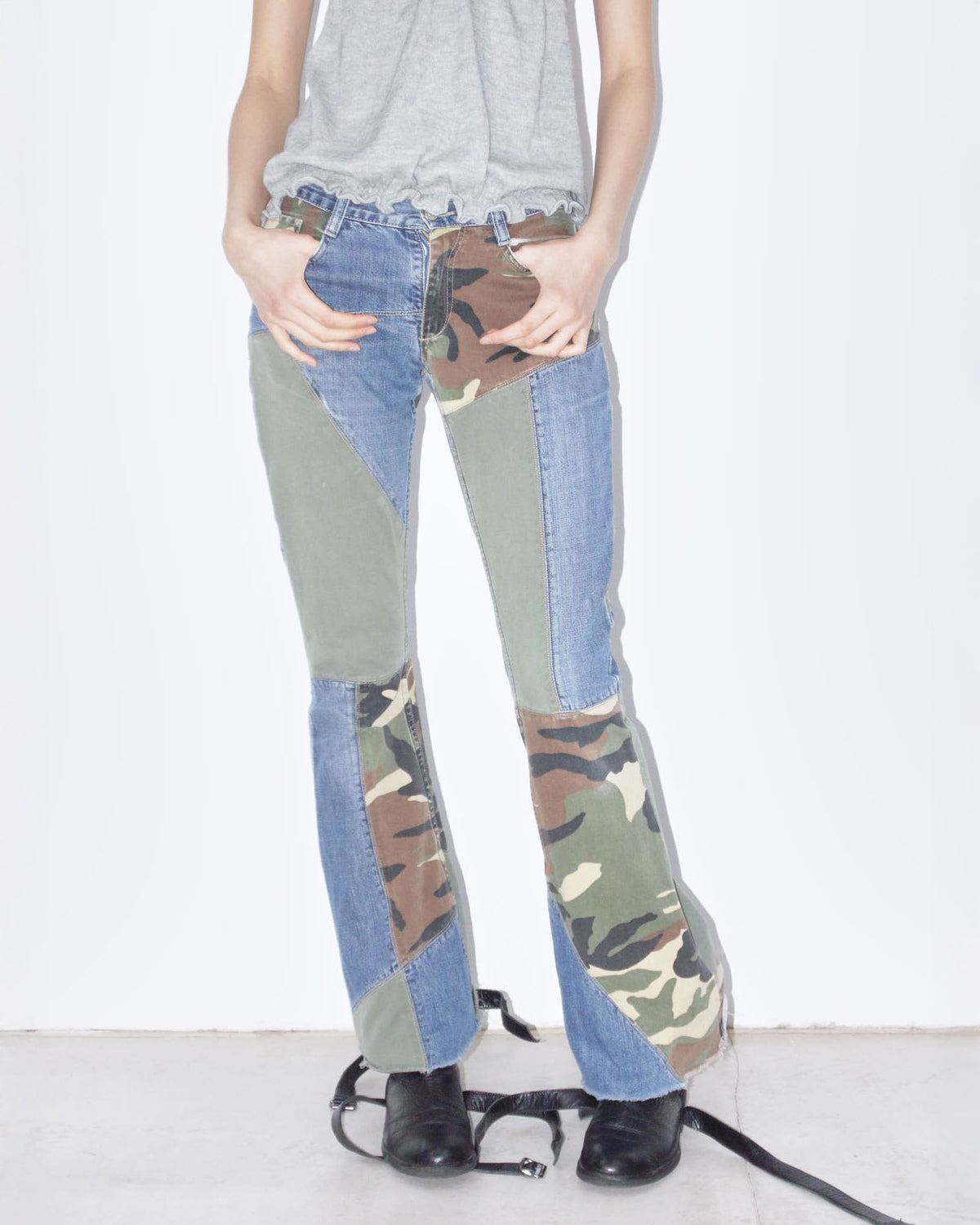 camo pathchwork denim flared pants
