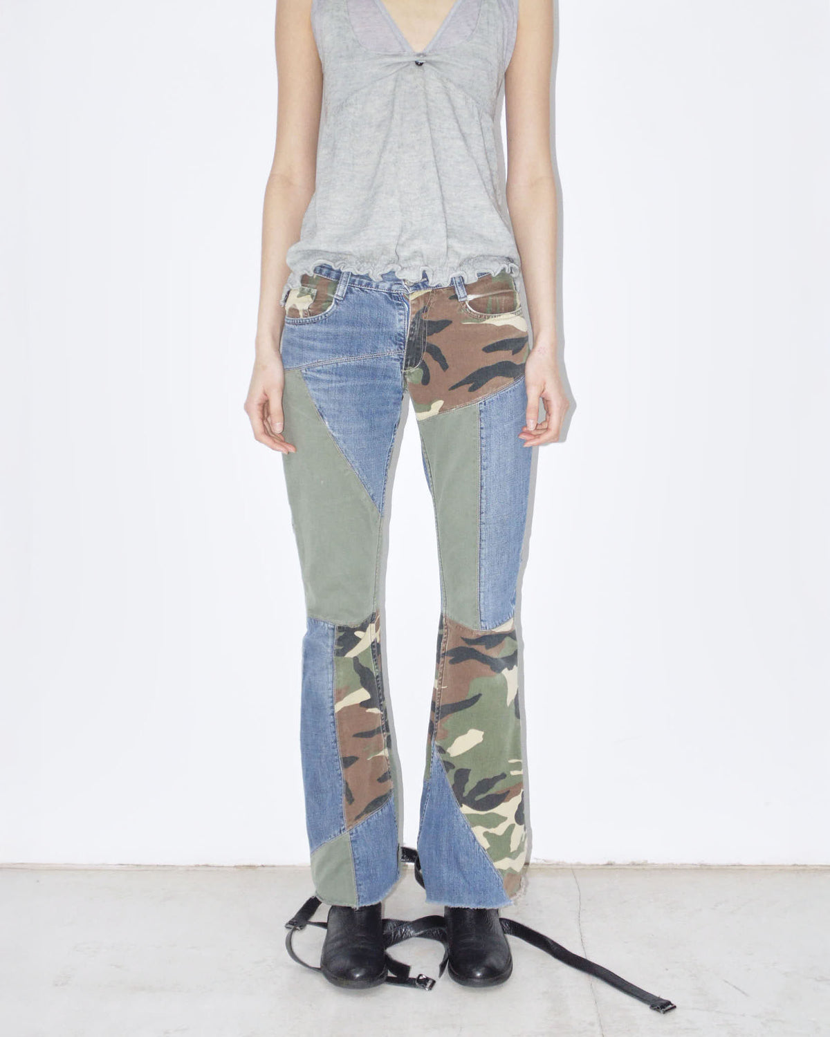 camo pathchwork denim flared pants