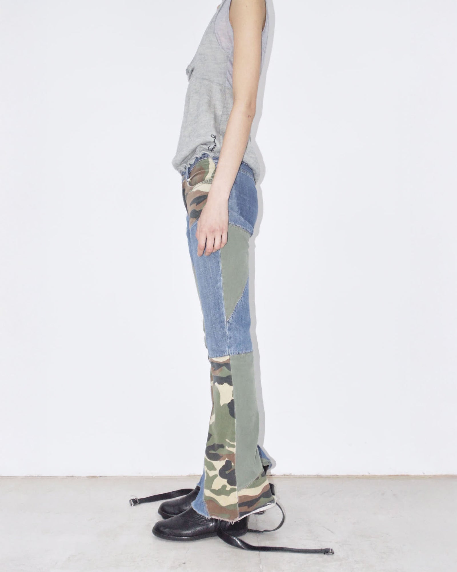 camo pathchwork denim flared pants