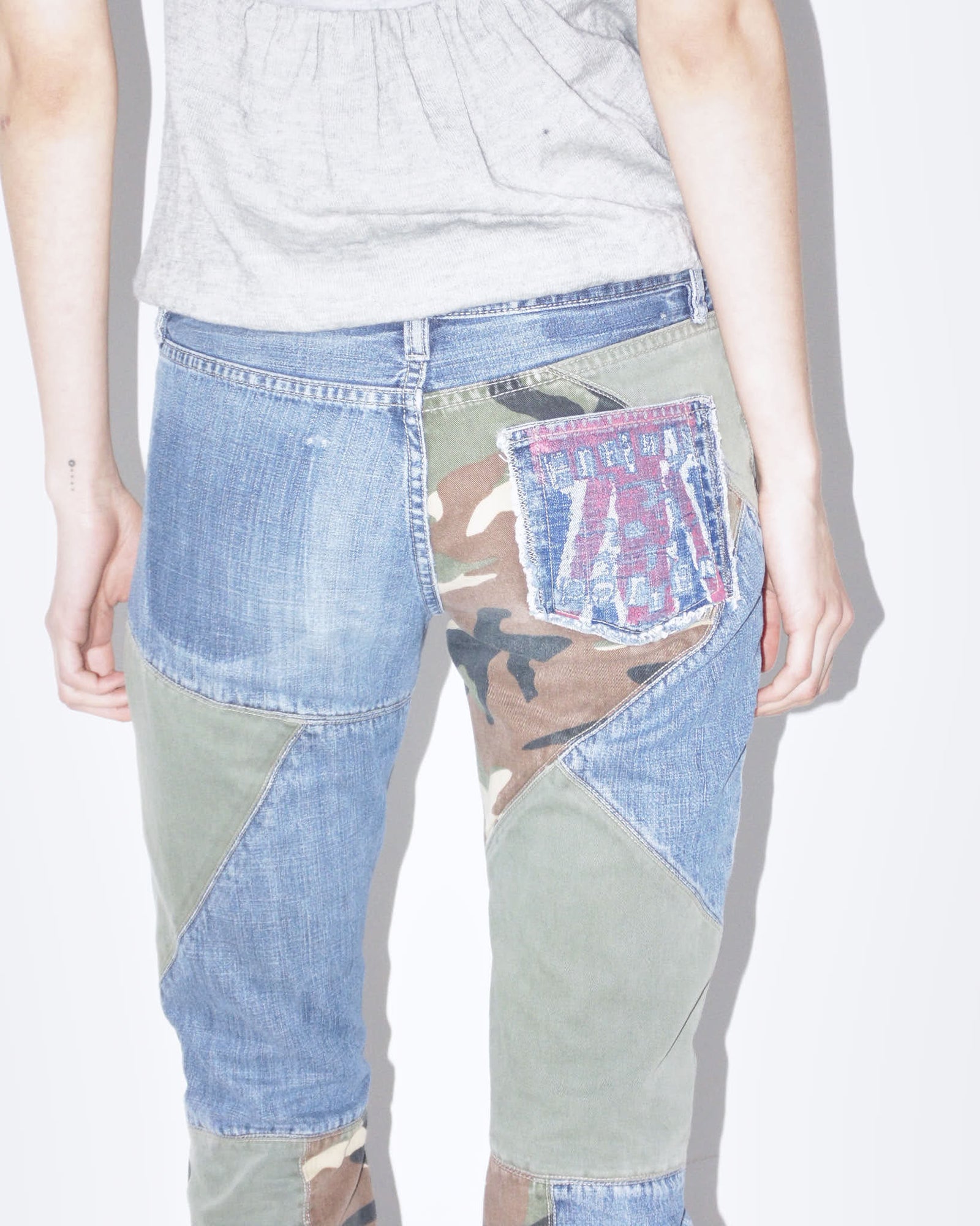 camo pathchwork denim flared pants
