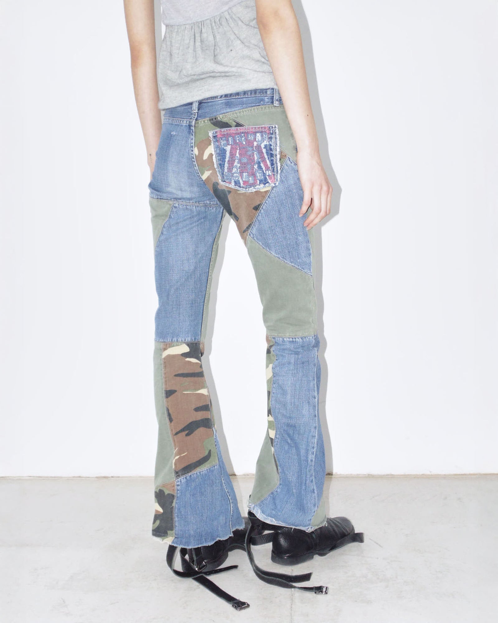 camo pathchwork denim flared pants