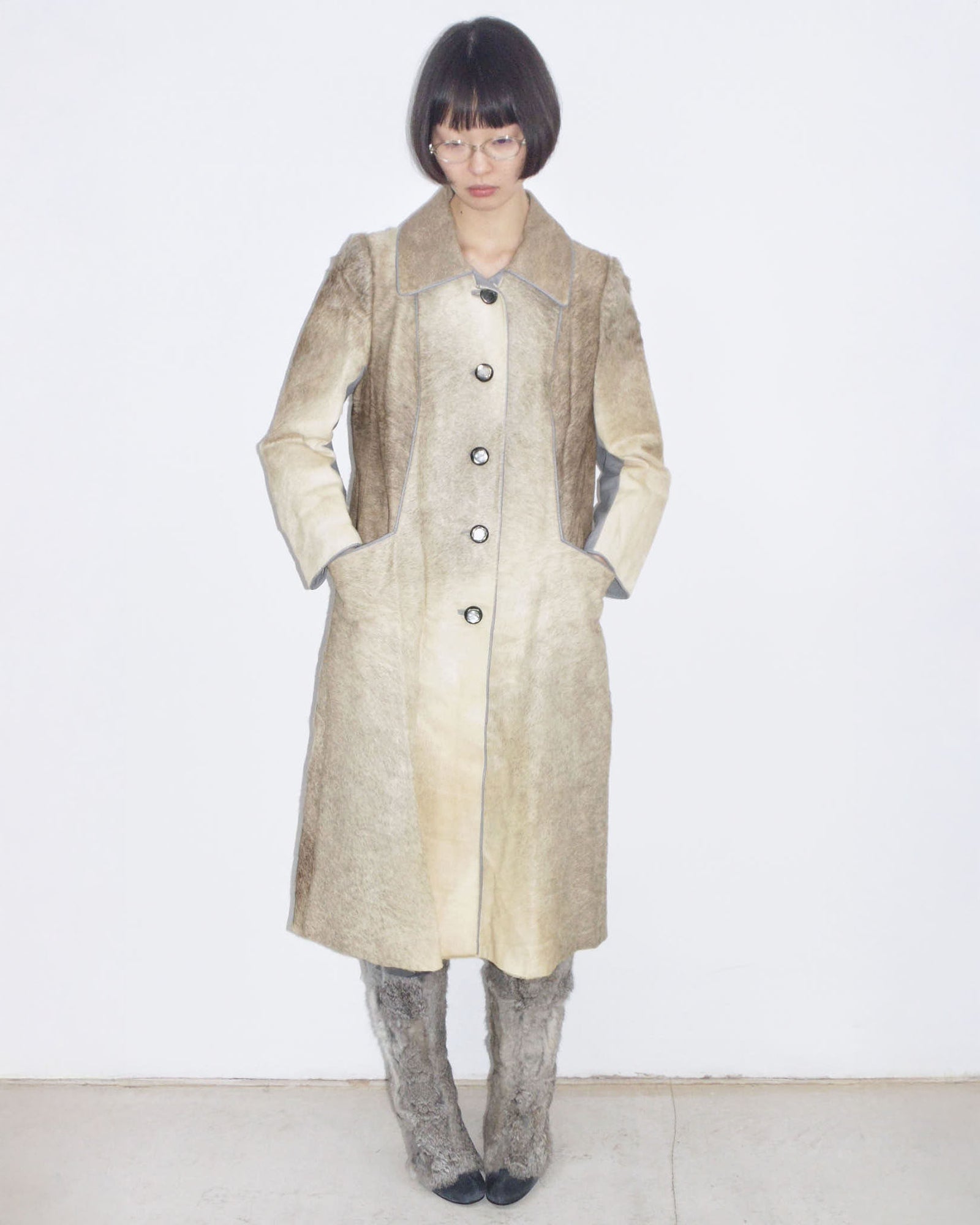 cavallino fur & grey leather long coat