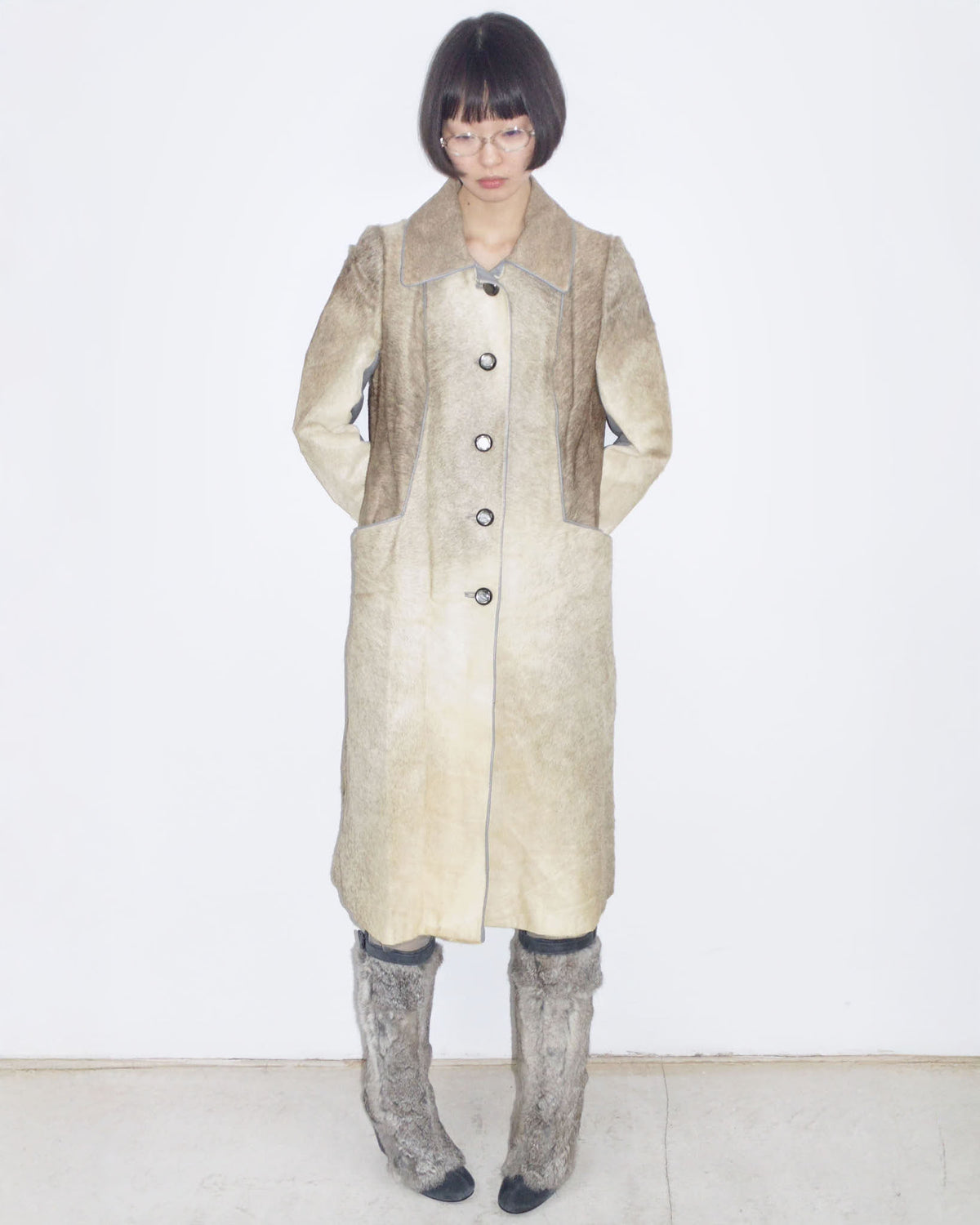 cavallino fur & grey leather long coat