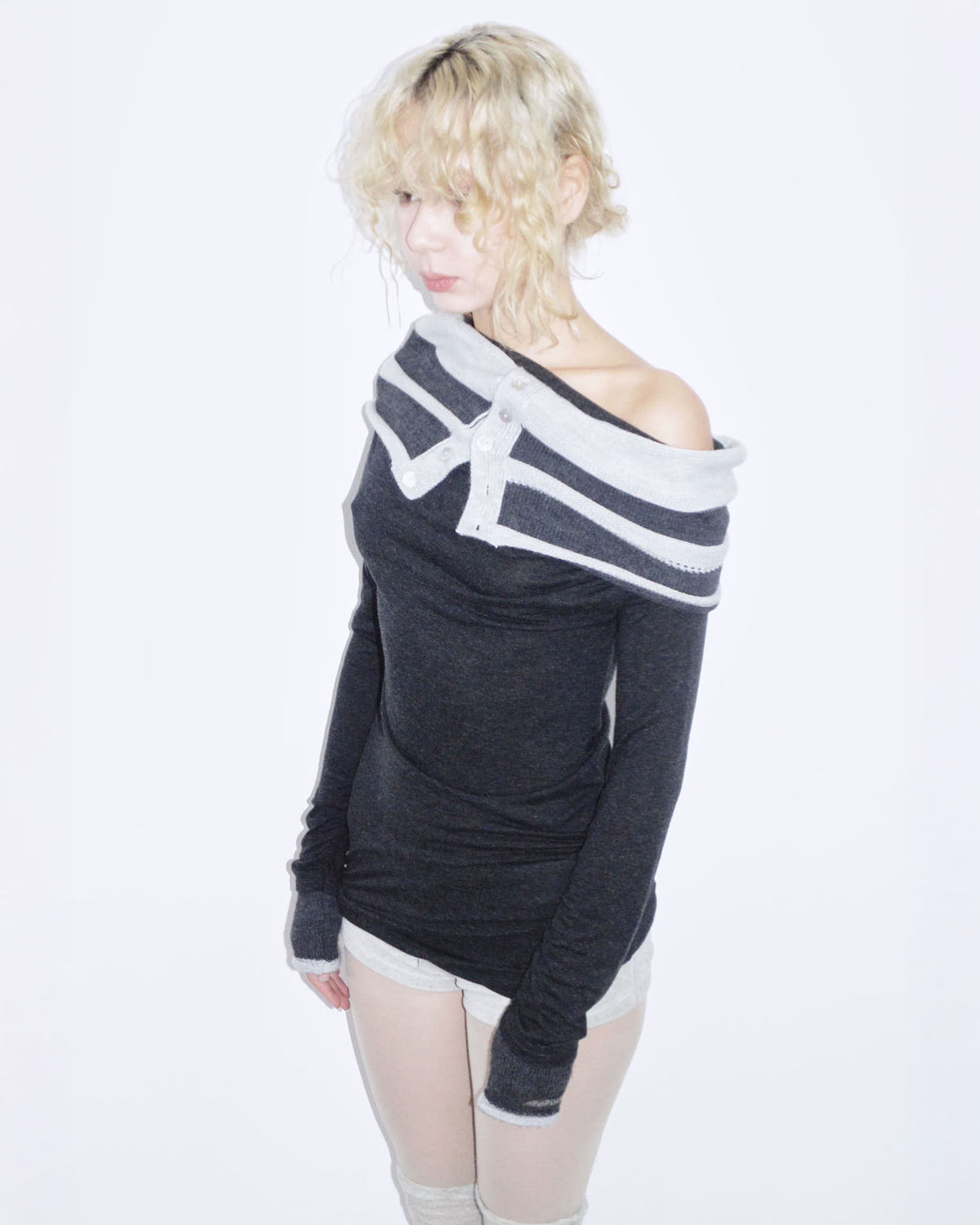 black bimaterial high neck long top