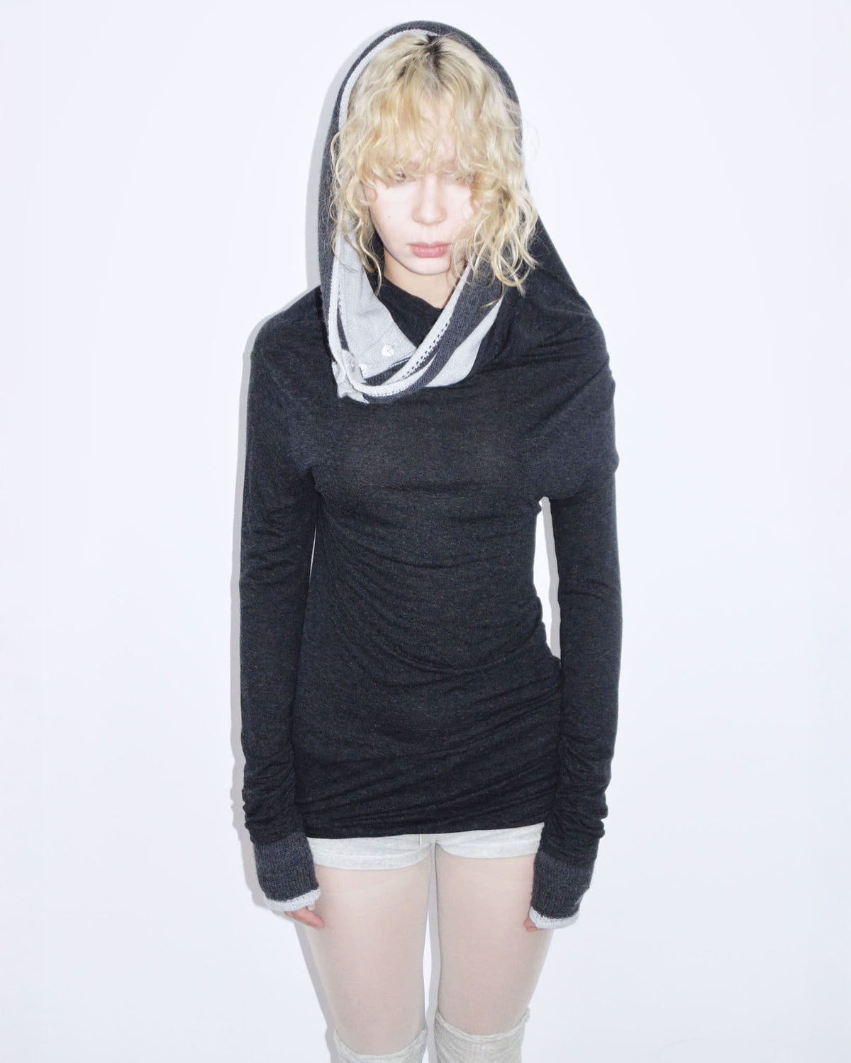 black bimaterial high neck long top
