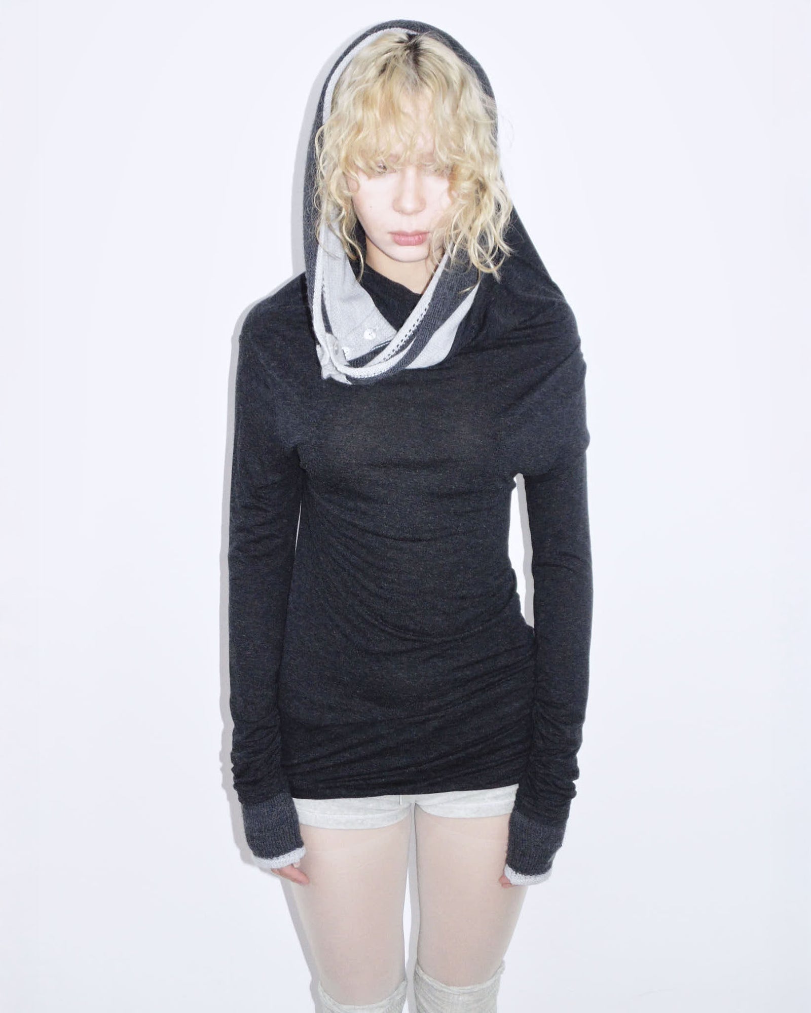 black bimaterial high neck long top