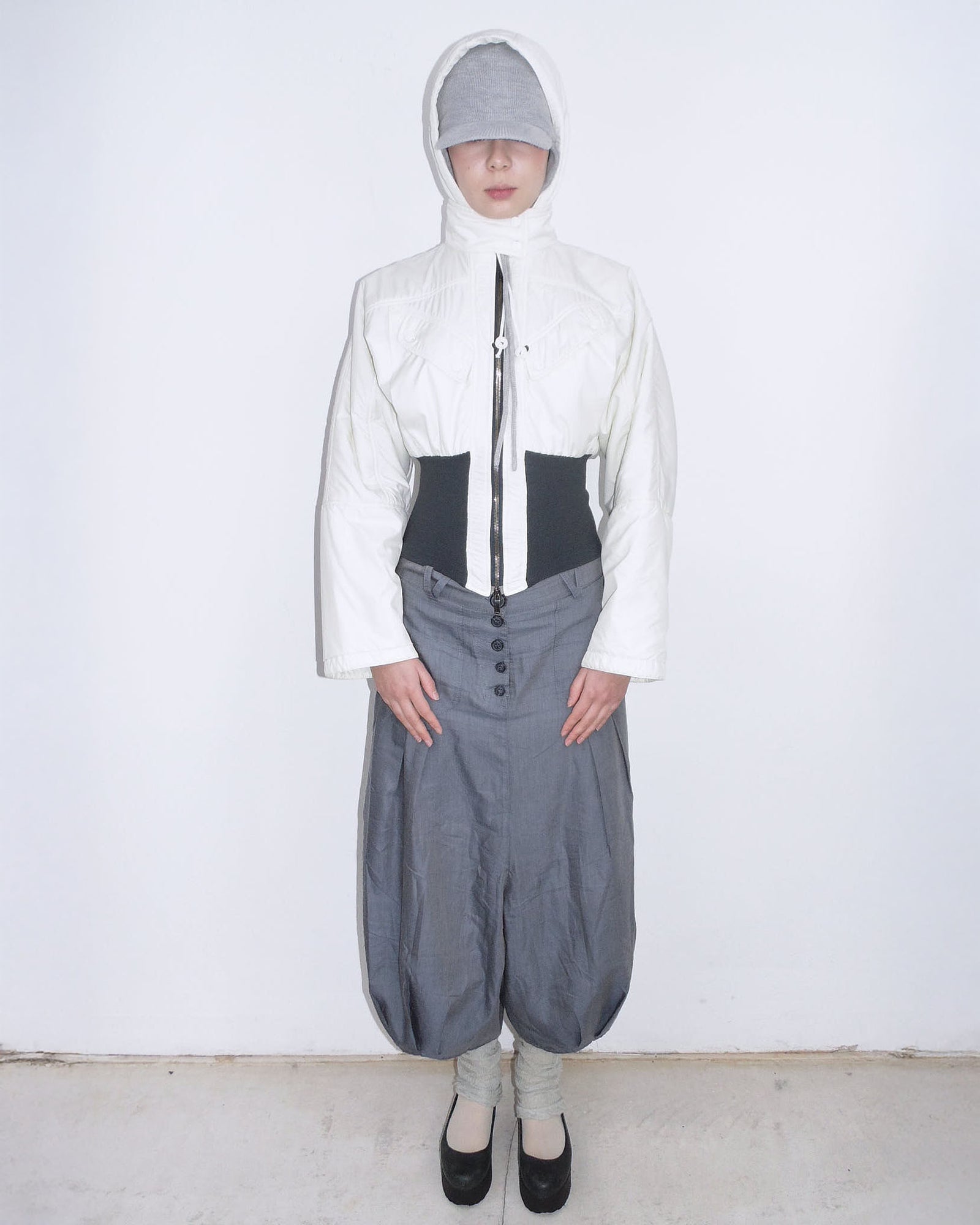 cropped hooded puffer jacket with cinched waist