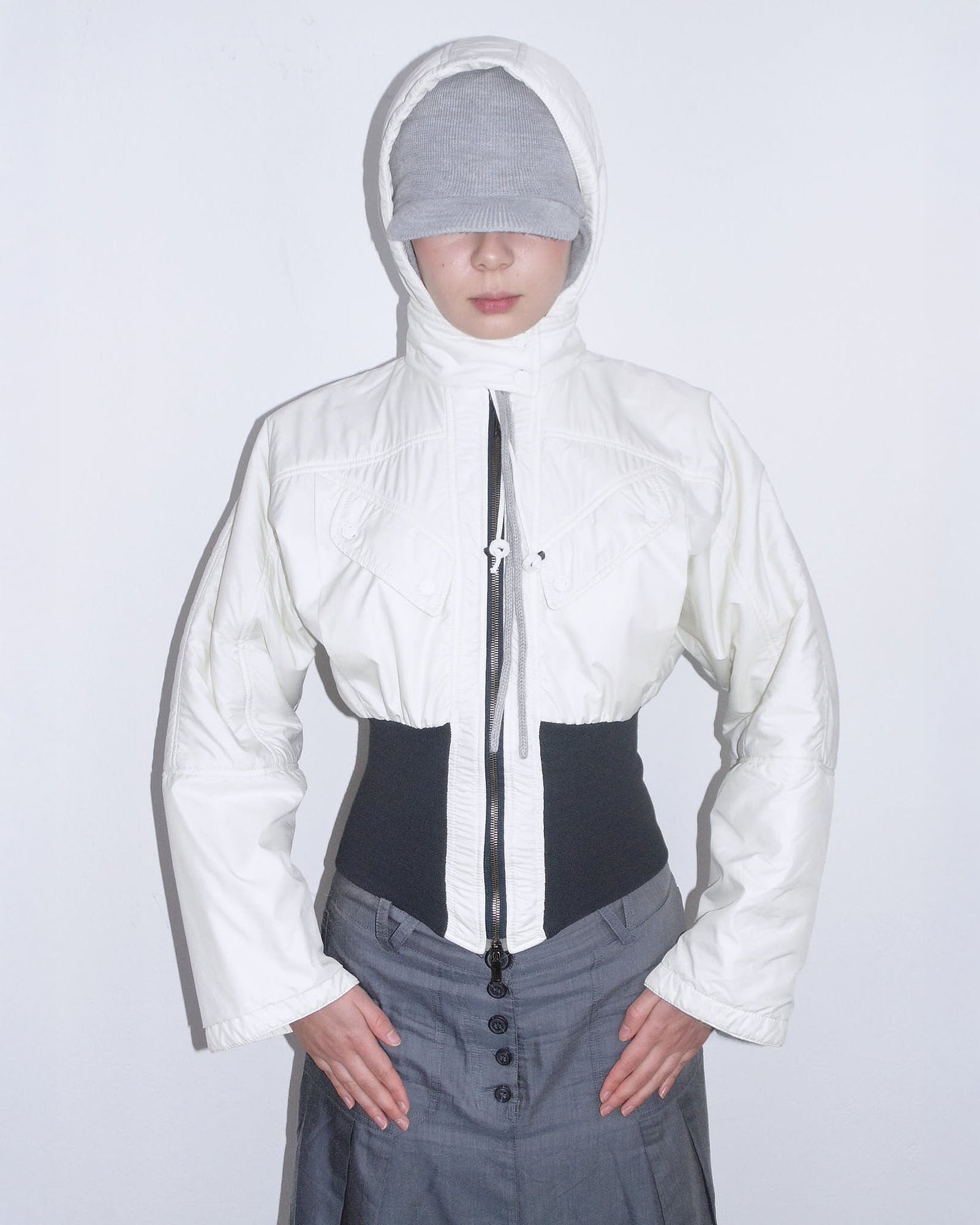 cropped hooded puffer jacket with cinched waist