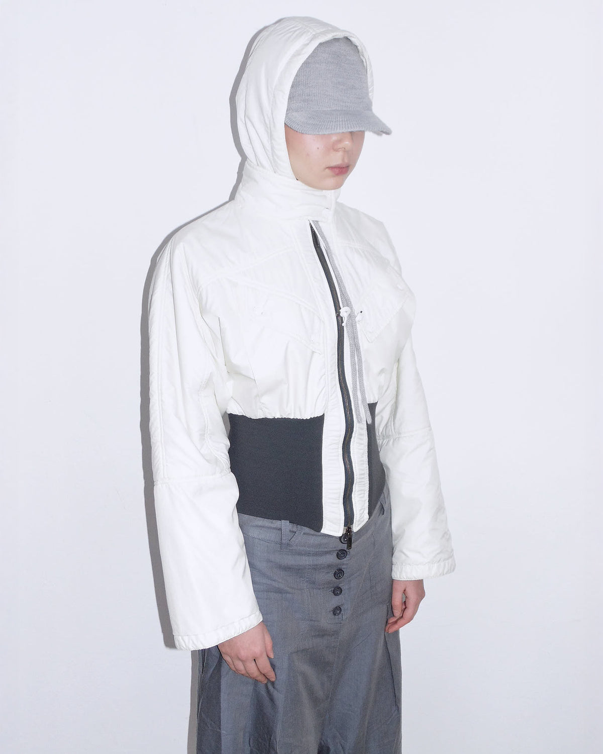 cropped hooded puffer jacket with cinched waist