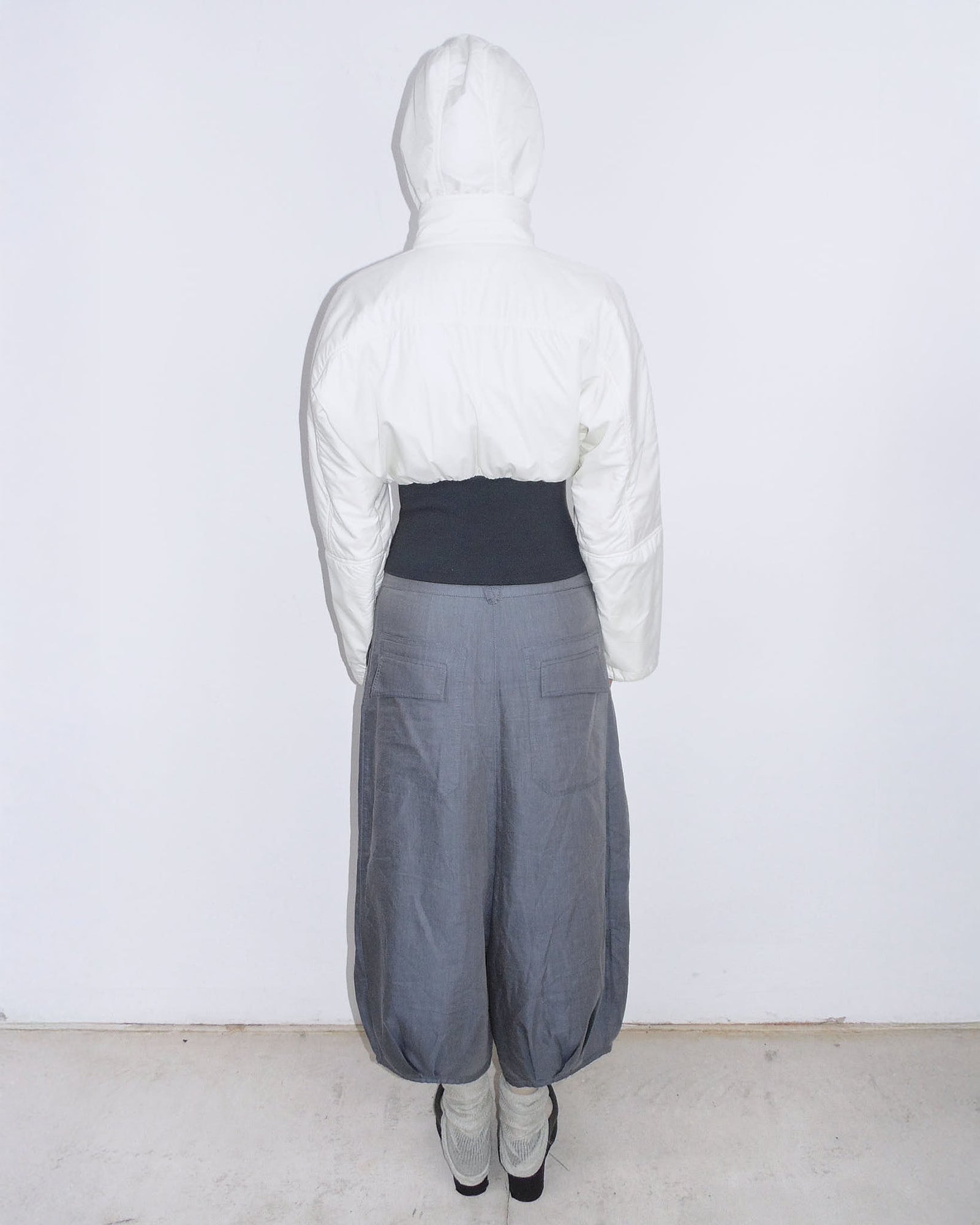 cropped hooded puffer jacket with cinched waist