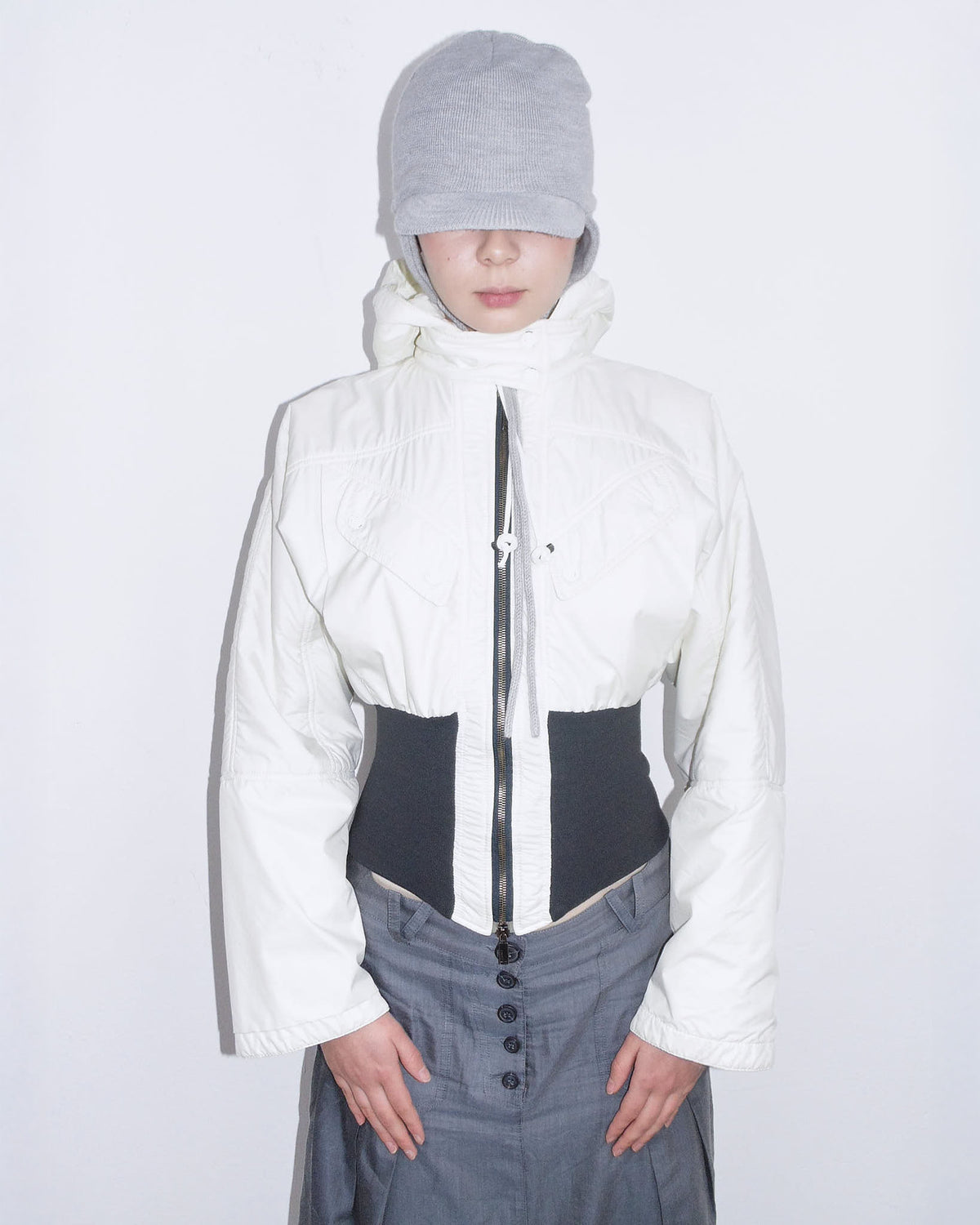 cropped hooded puffer jacket with cinched waist