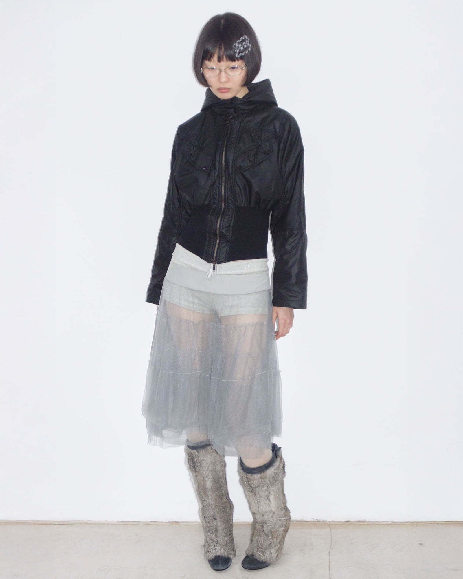 black hooded puffer jacket with cinched waist