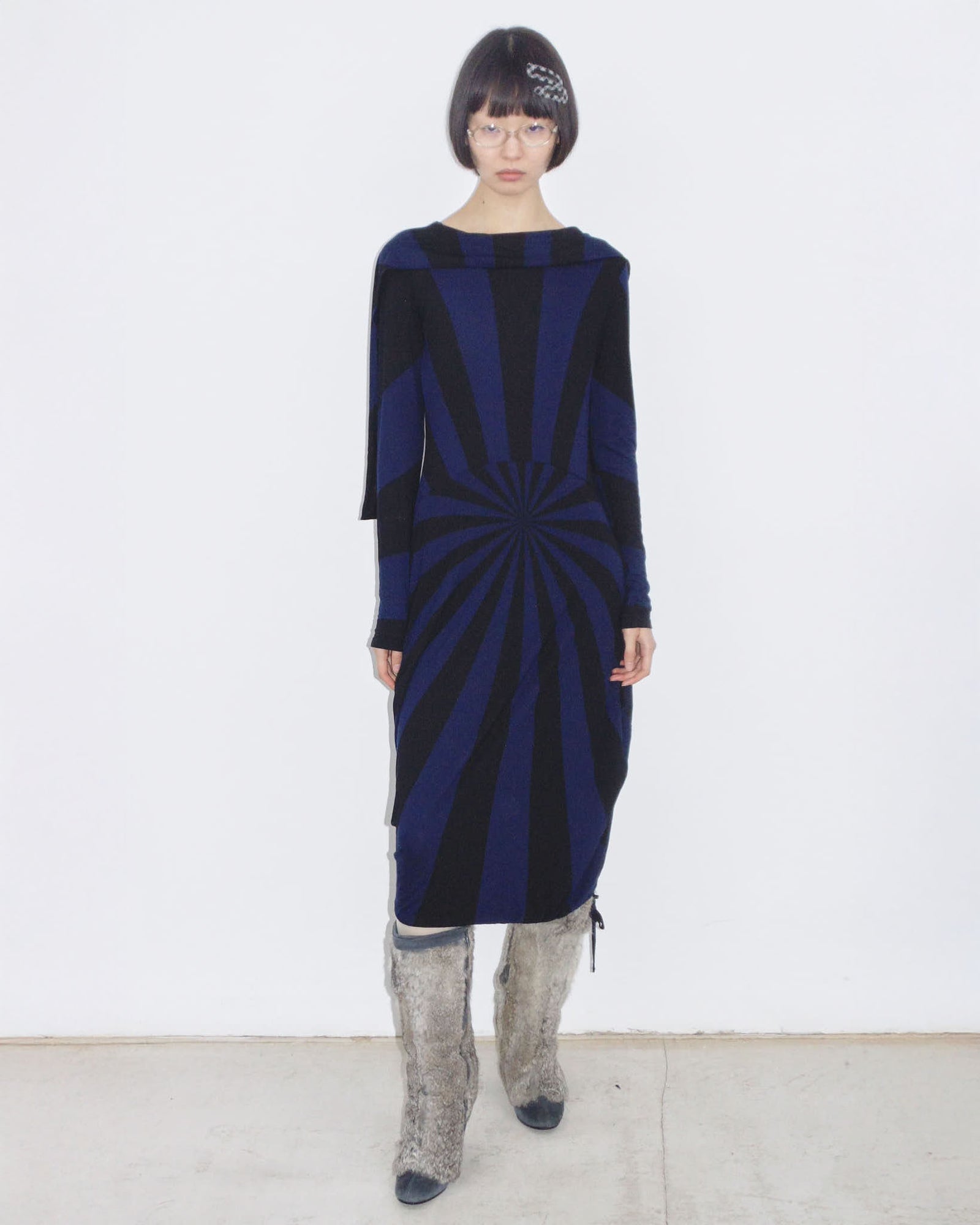 dark blue and black long sleeve sculptural dress