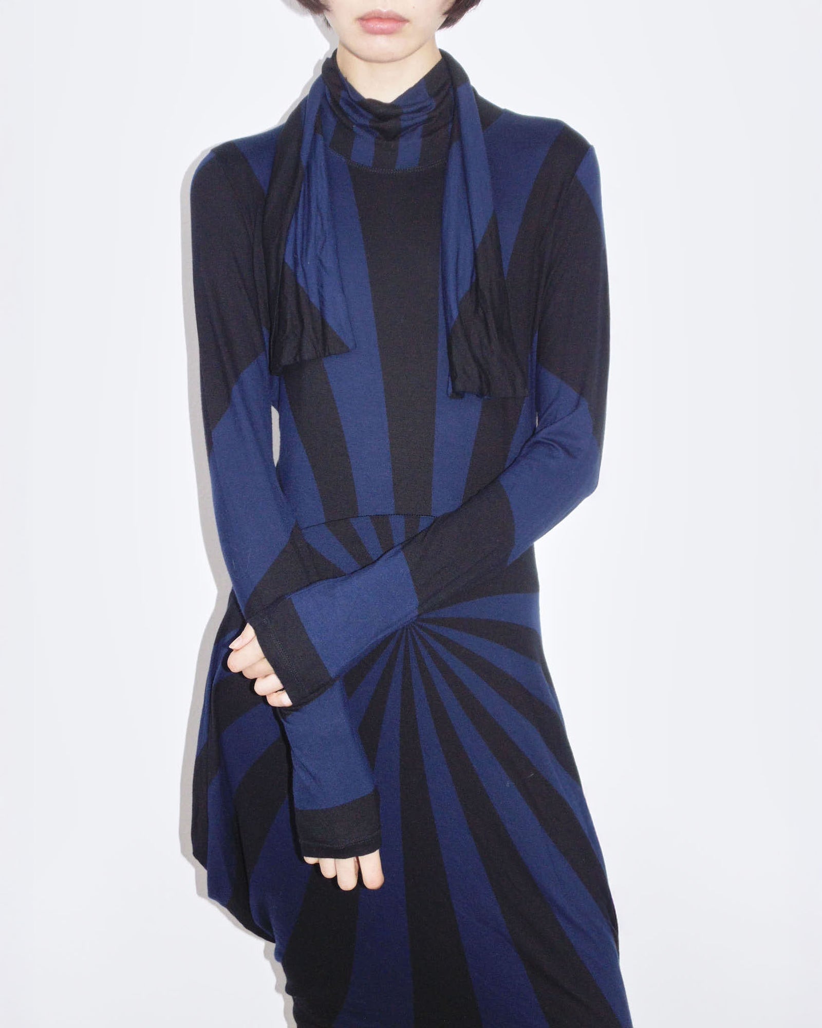 dark blue and black long sleeve sculptural dress