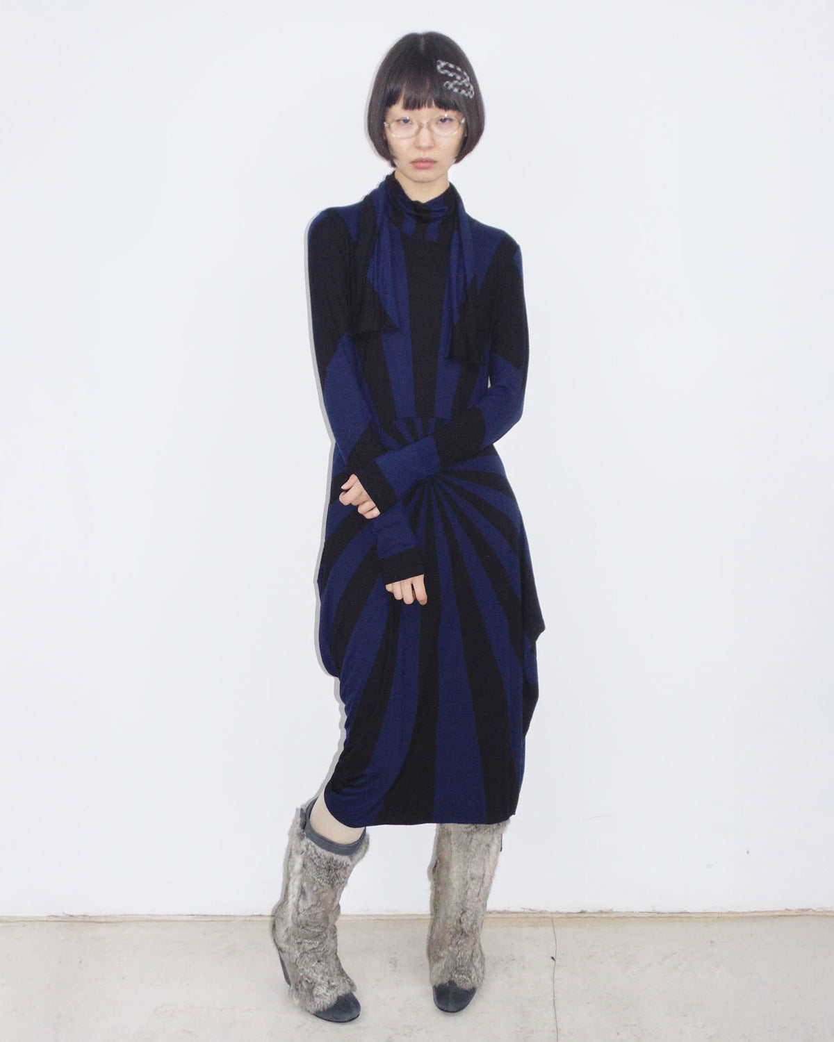 dark blue and black long sleeve sculptural dress