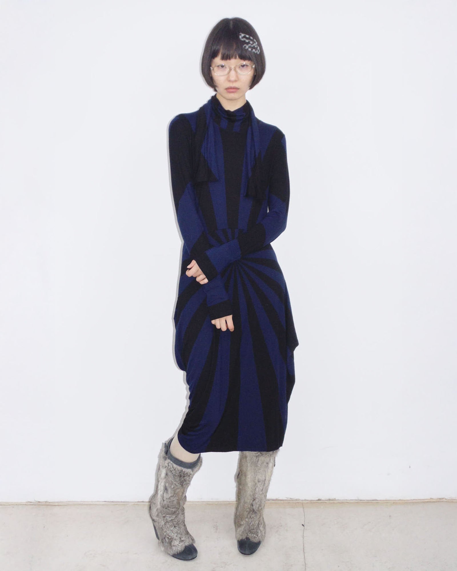 dark blue and black long sleeve sculptural dress