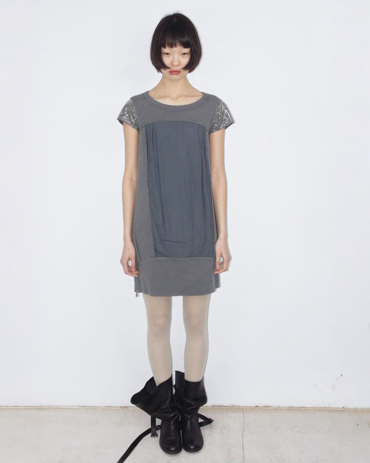 dark gray puff mini dress with sequins