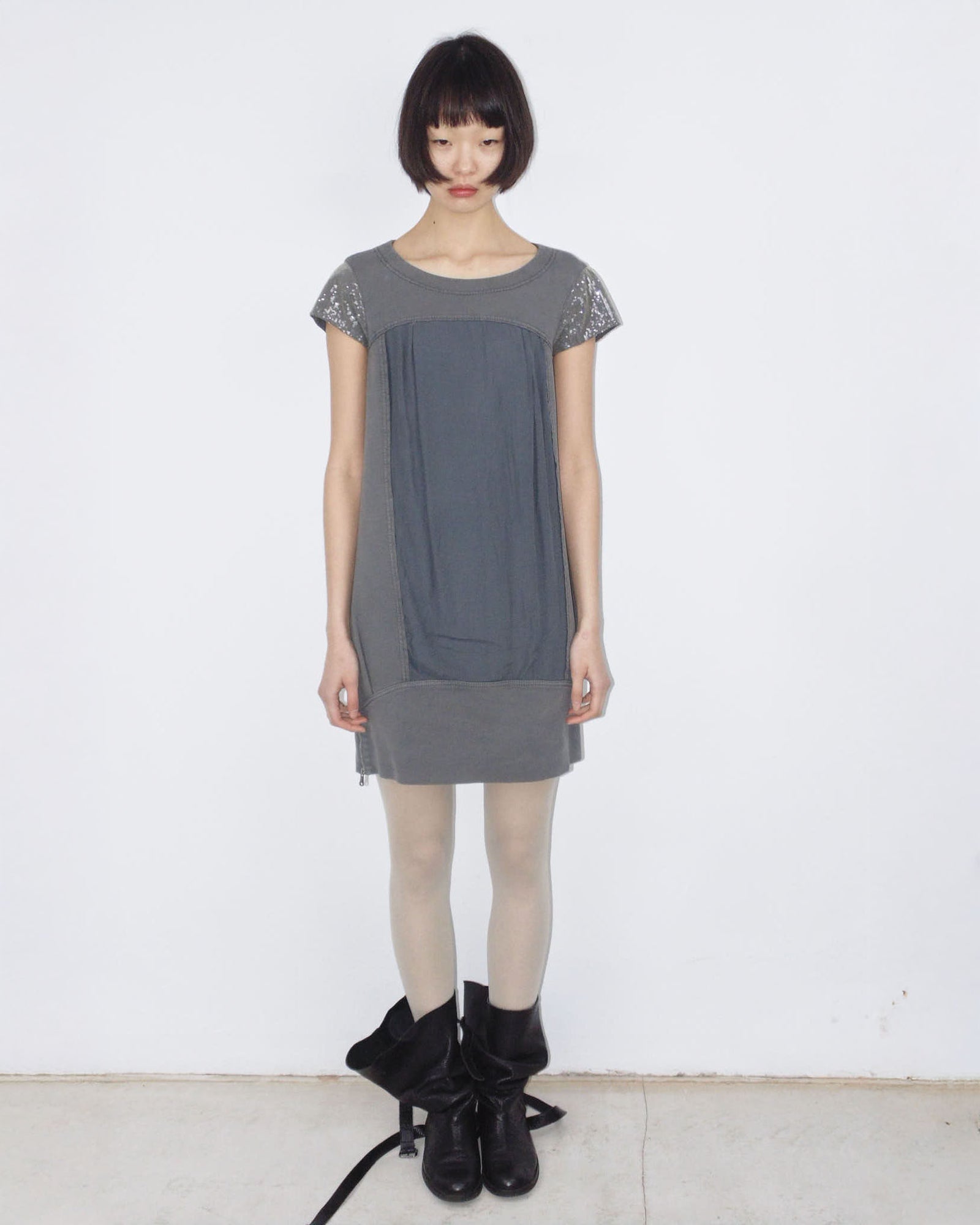 dark gray puff mini dress with sequins