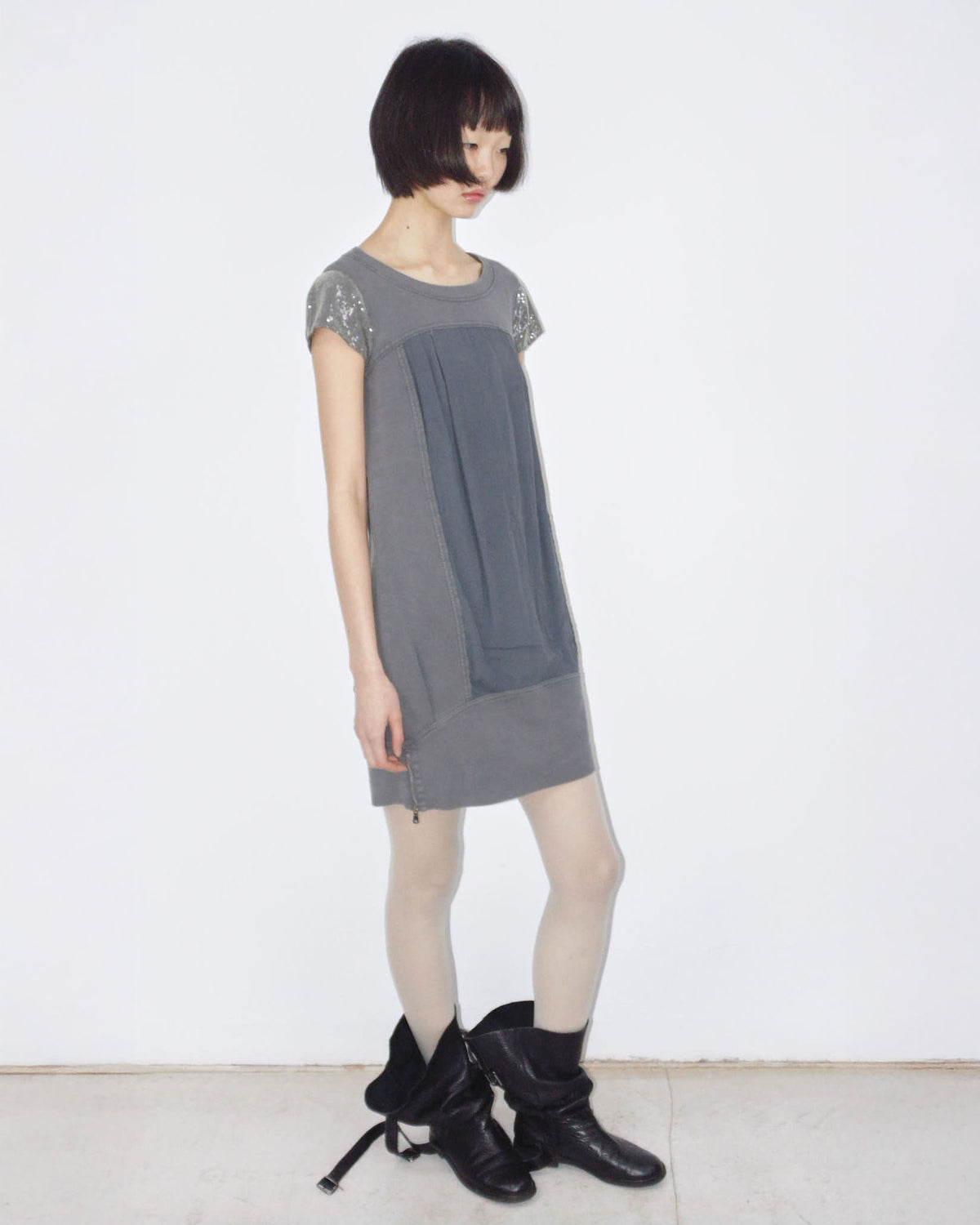 dark gray puff mini dress with sequins