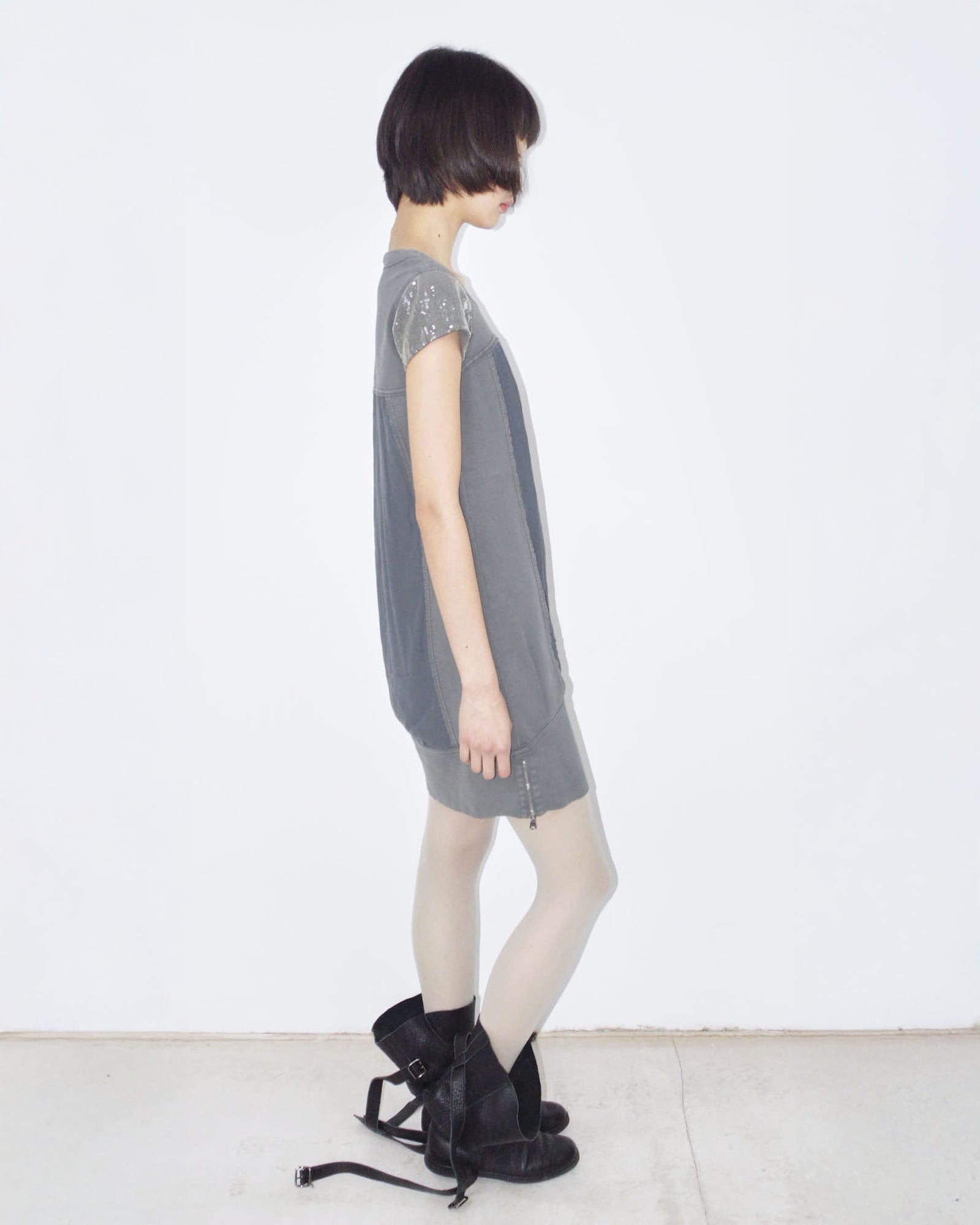 dark gray puff mini dress with sequins