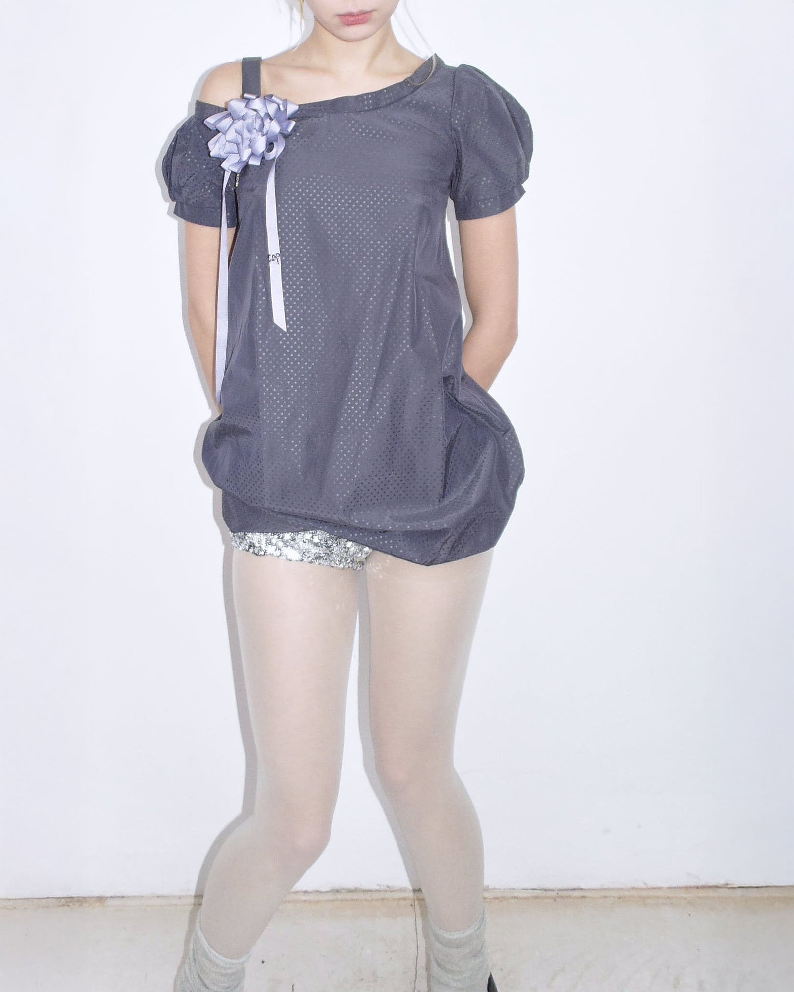dark purple polka dot puff dress with cockade