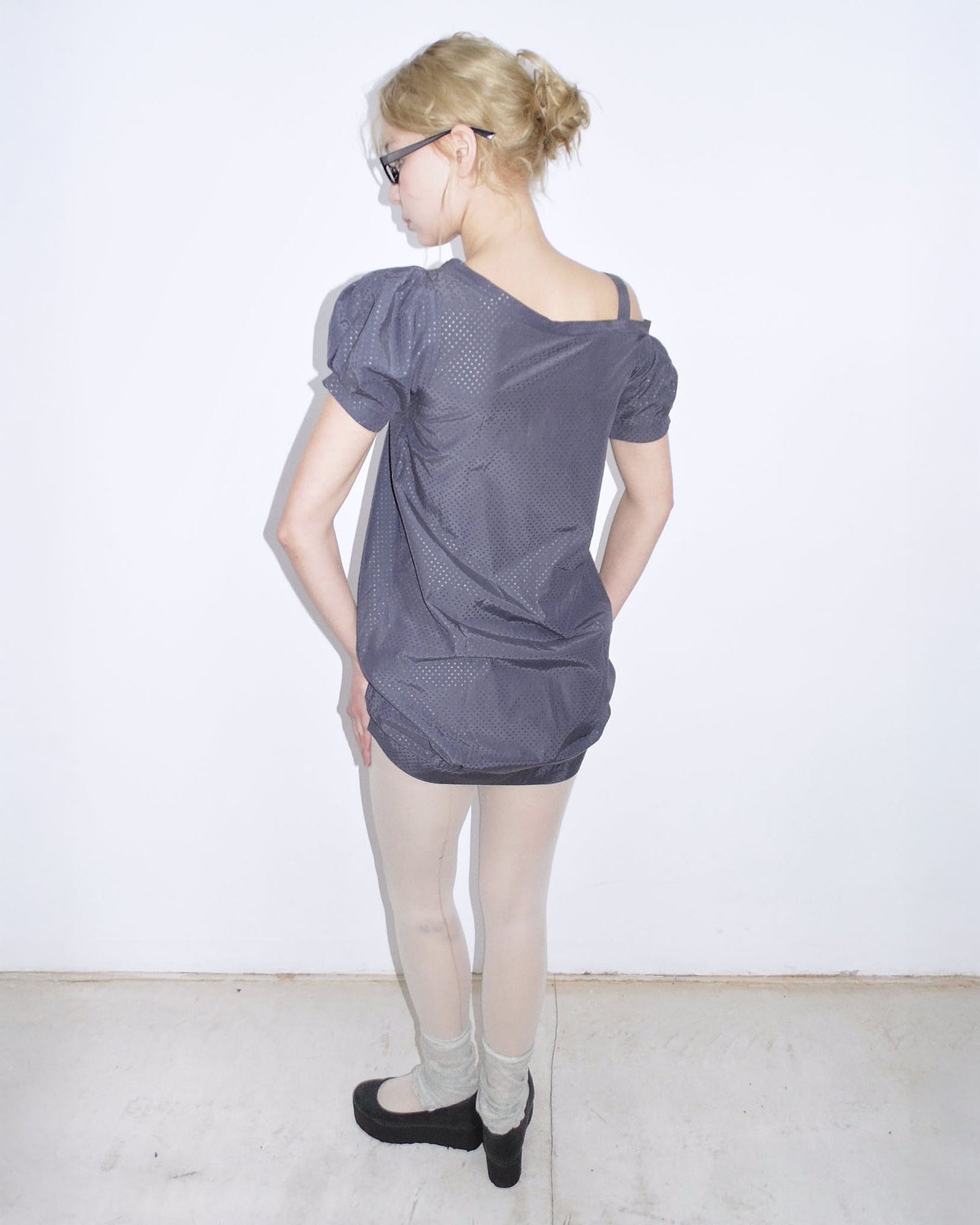 dark purple polka dot puff dress with cockade