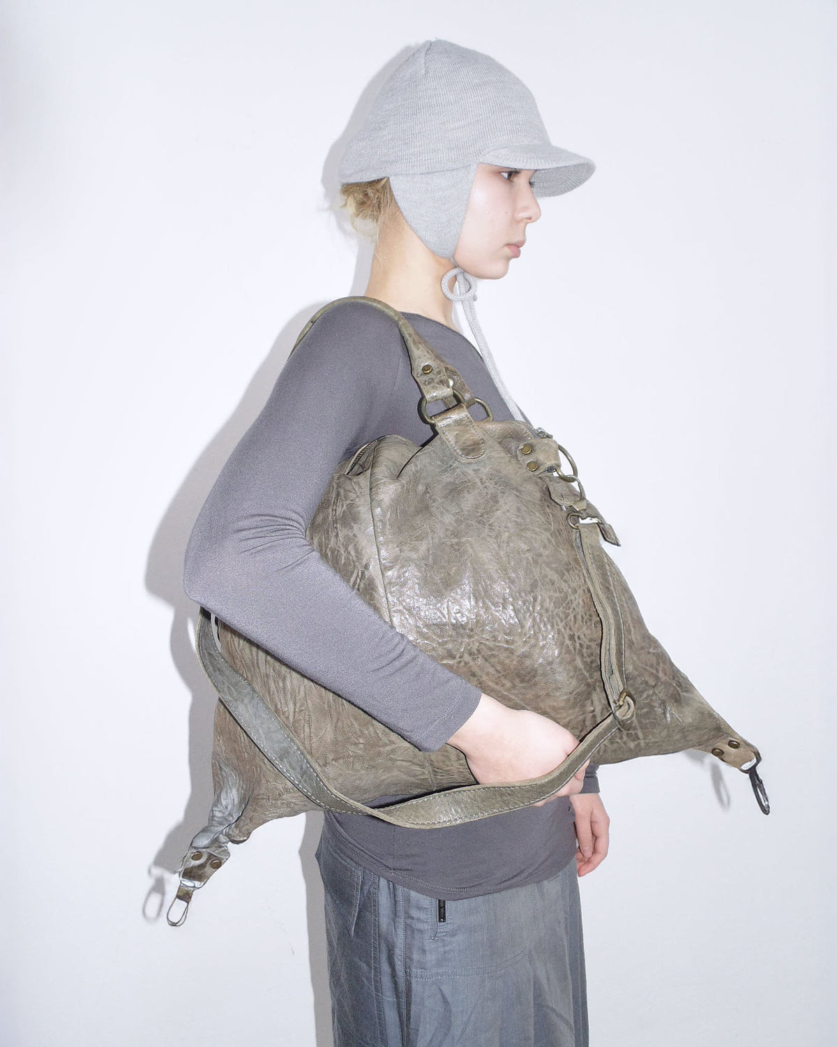dark taupe leather duffle bag