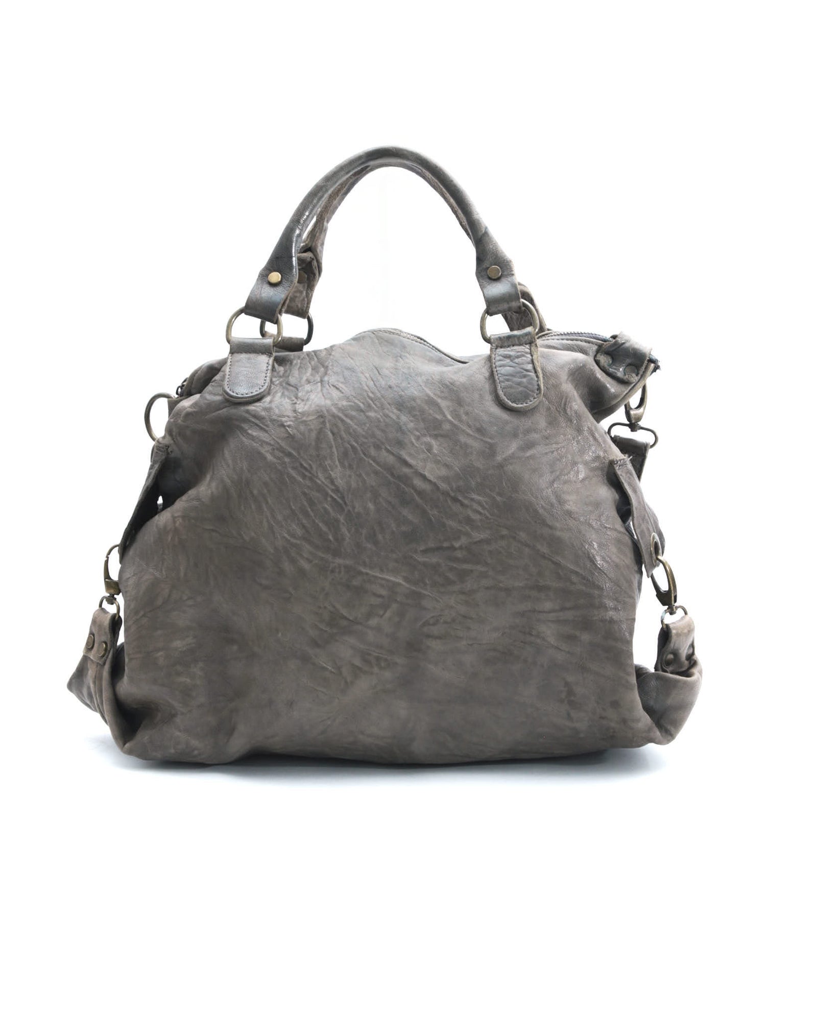 dark taupe leather duffle bag