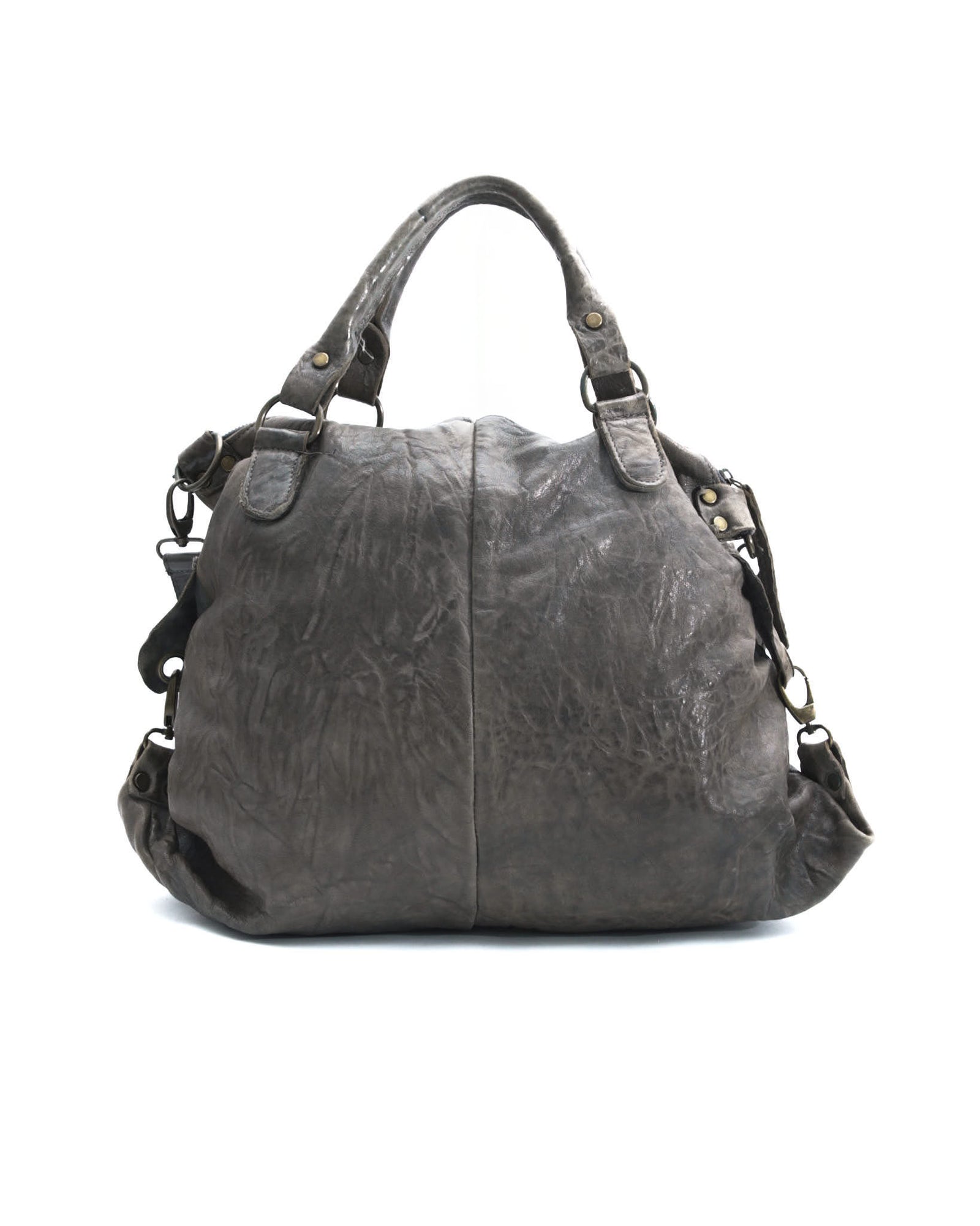 dark taupe leather duffle bag