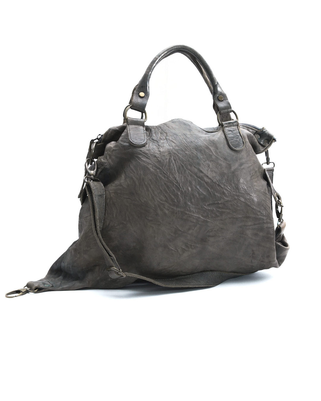 dark taupe leather duffle bag