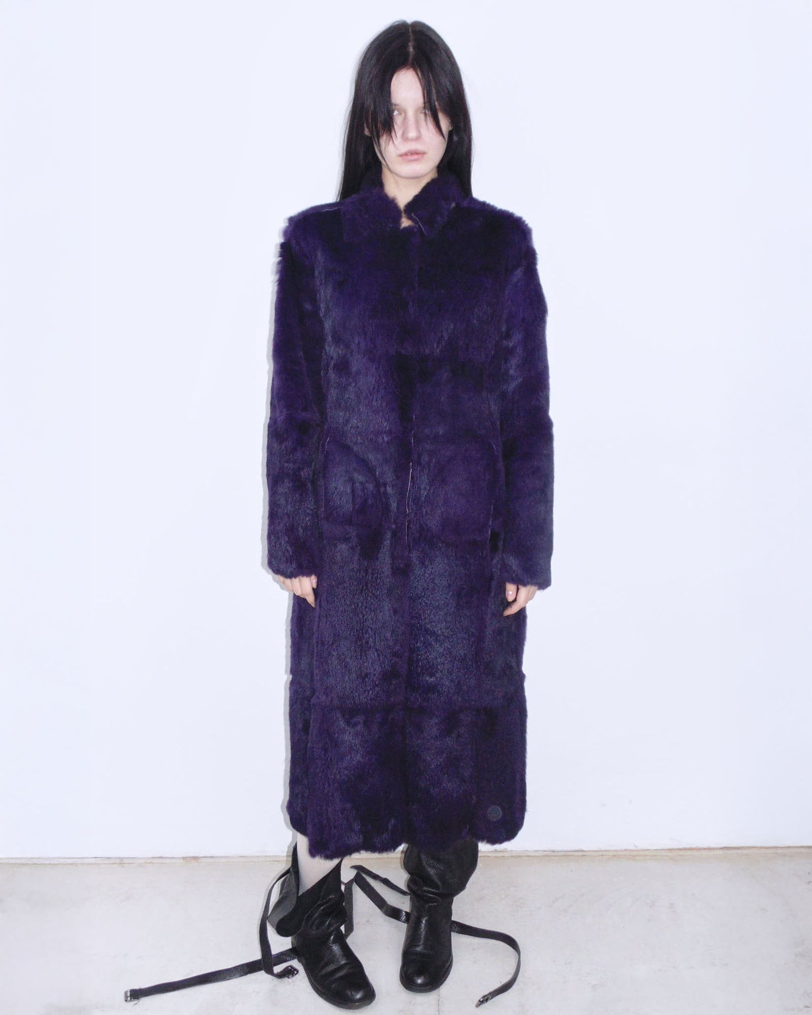 dark violet reversible patchwork fur long jacket