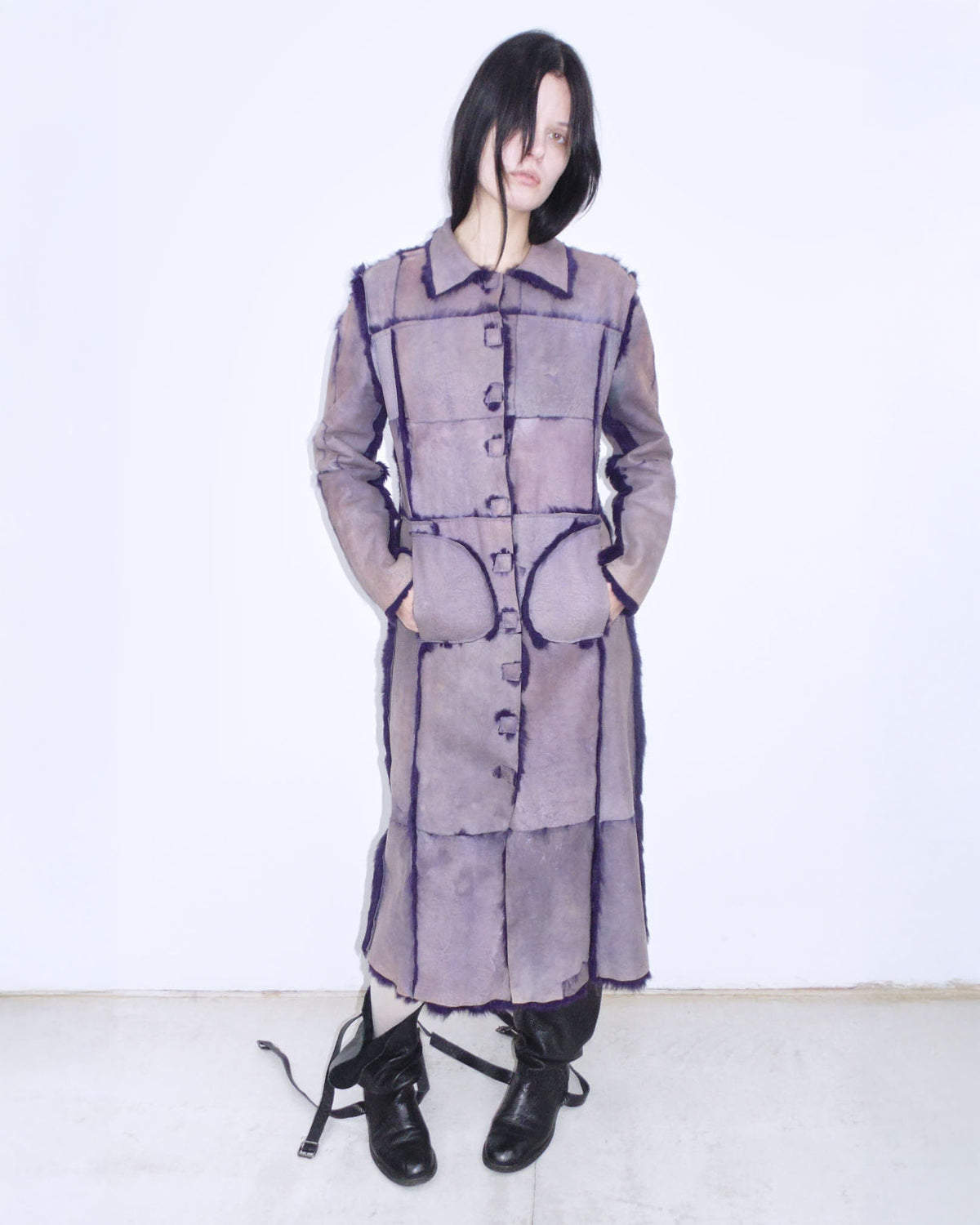 dark violet reversible patchwork fur long jacket
