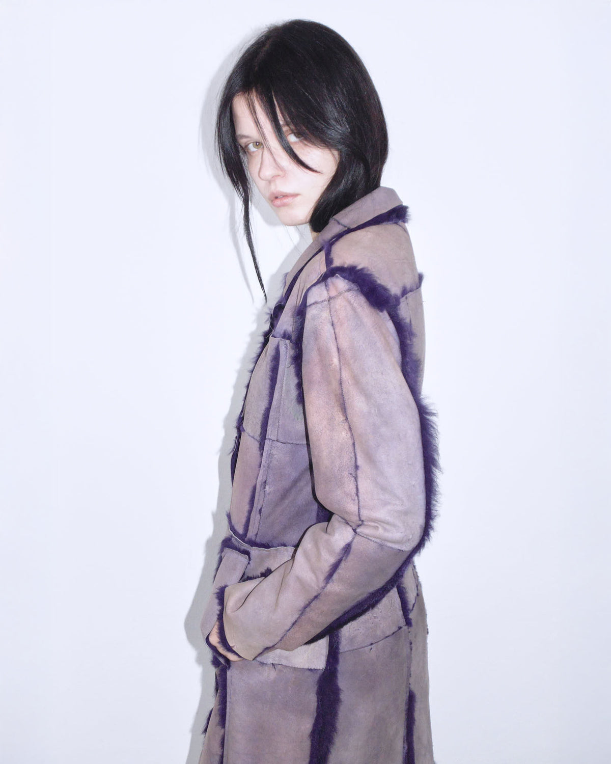 dark violet reversible patchwork fur long jacket