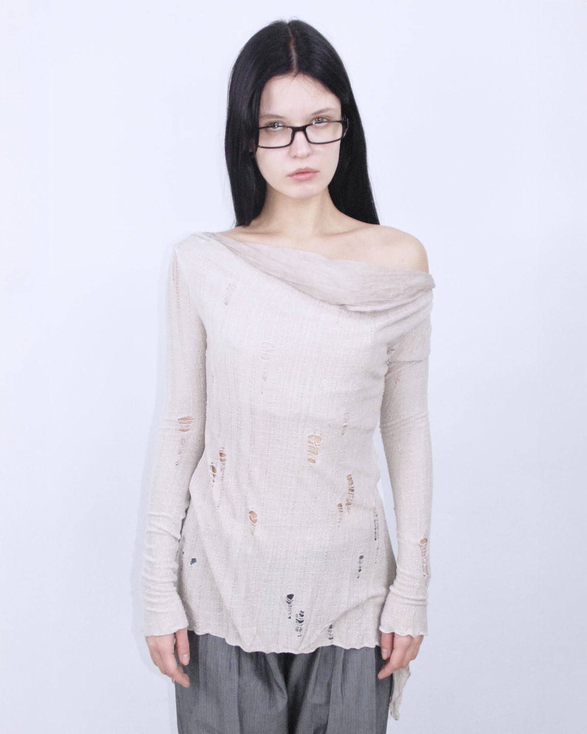 distressed long sleeve light pink nude top